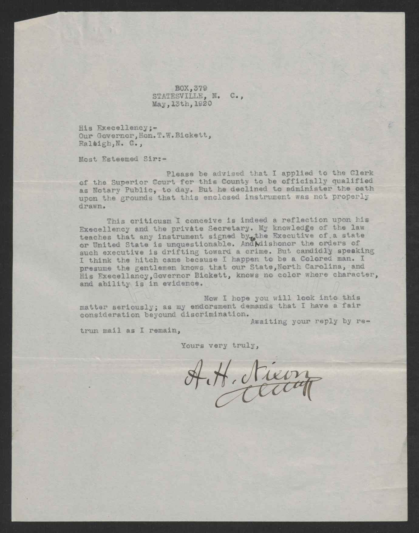 Letter from A. H. Nixon to Thomas W. Bickett, May 13, 1920