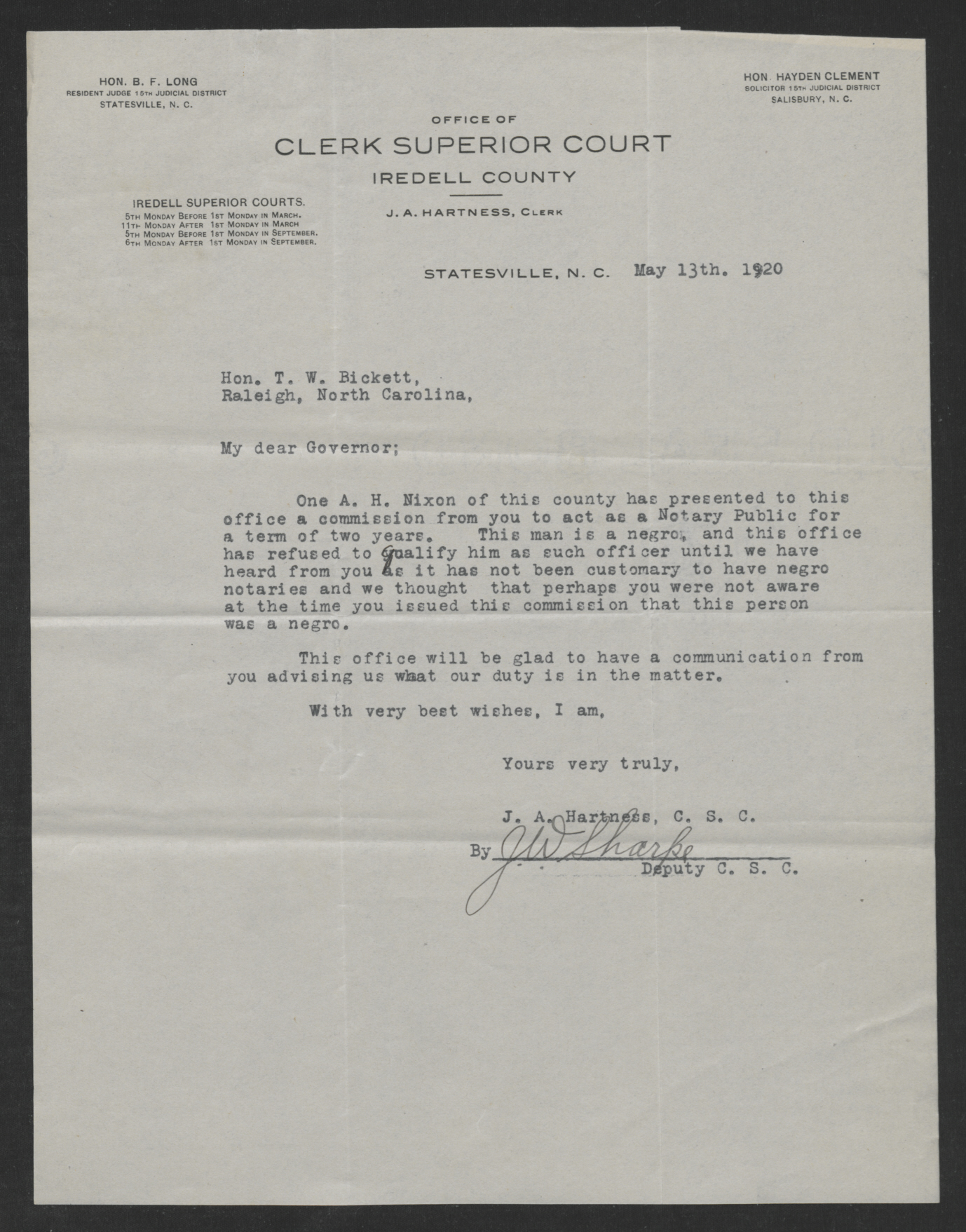 Letter James A. Hartness to Thomas W. Bickett, May 13, 1920