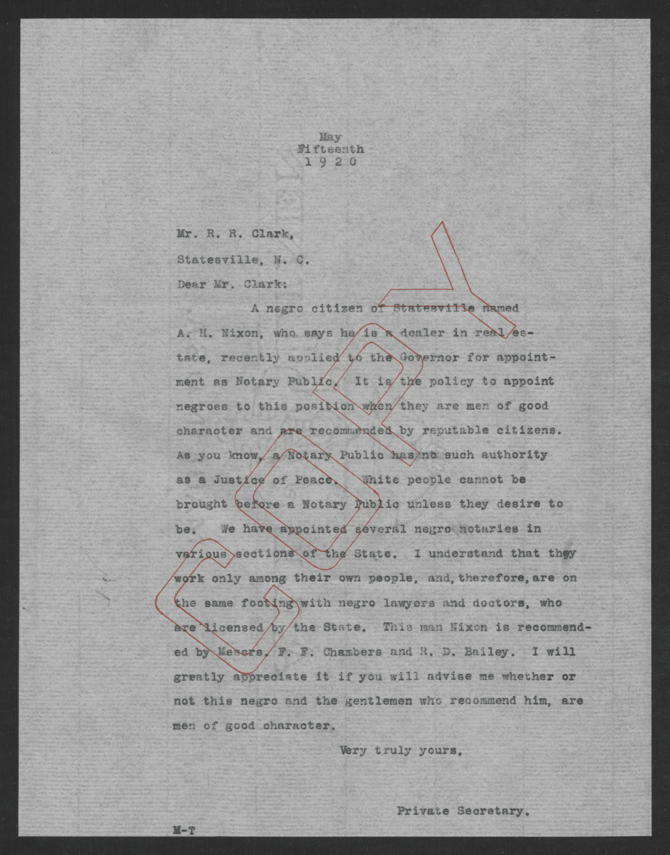 Letter from Santford Martin to R. R. Clark, May 15, 1920