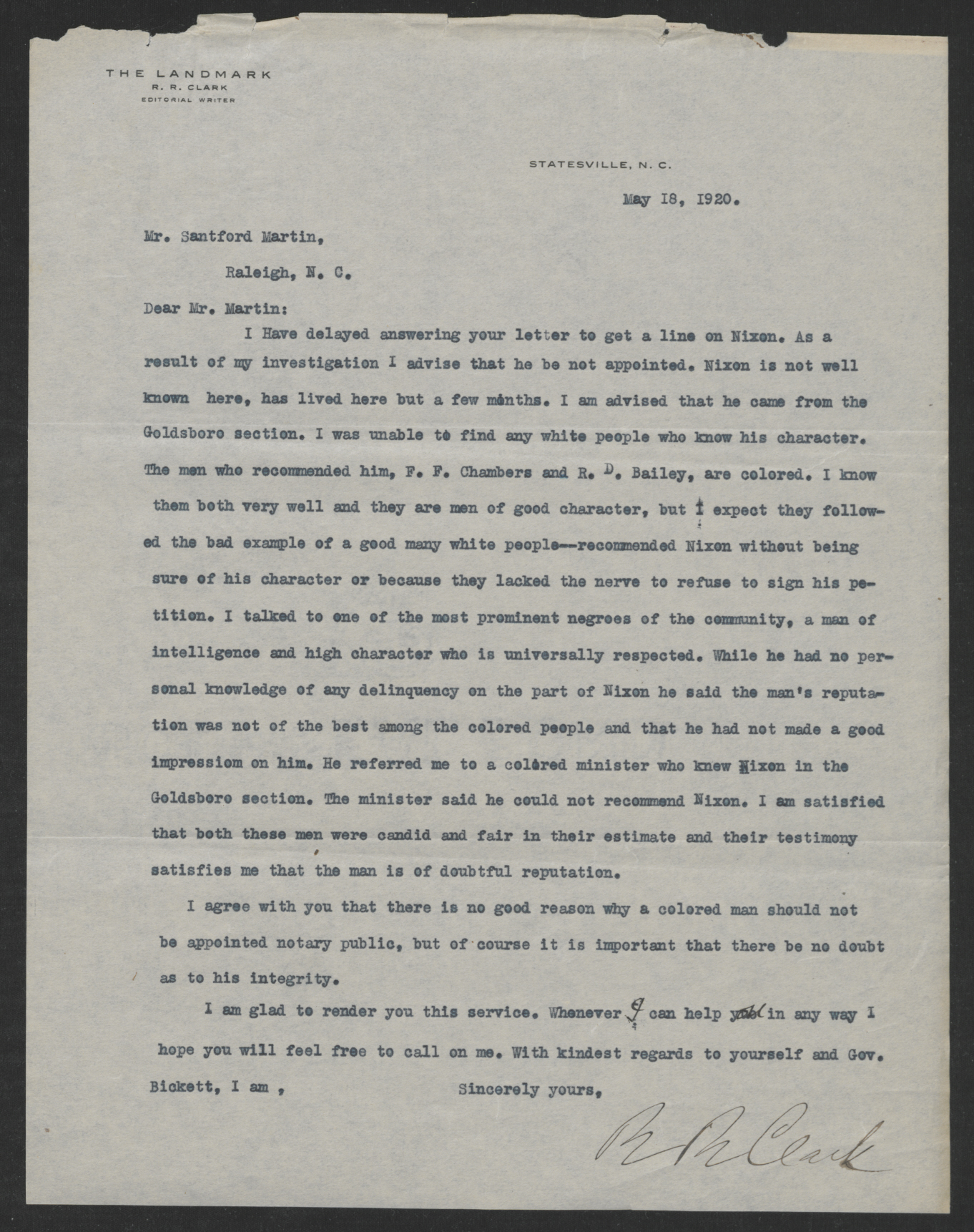 Letter from R. R. Clark to Santford Martin, May 18, 1920