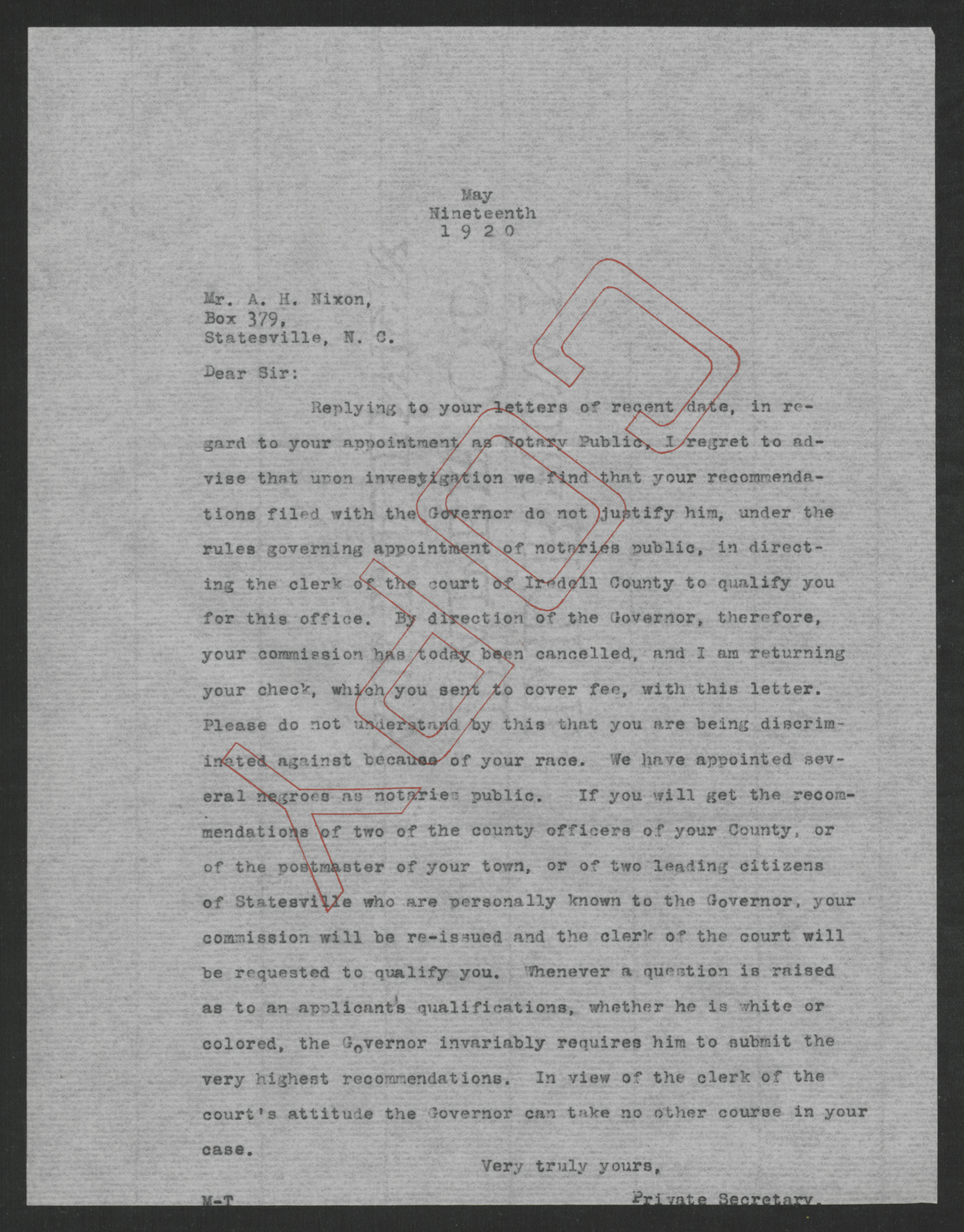 Letter from Santford Martin to A. H. Nixon, May 19, 1920