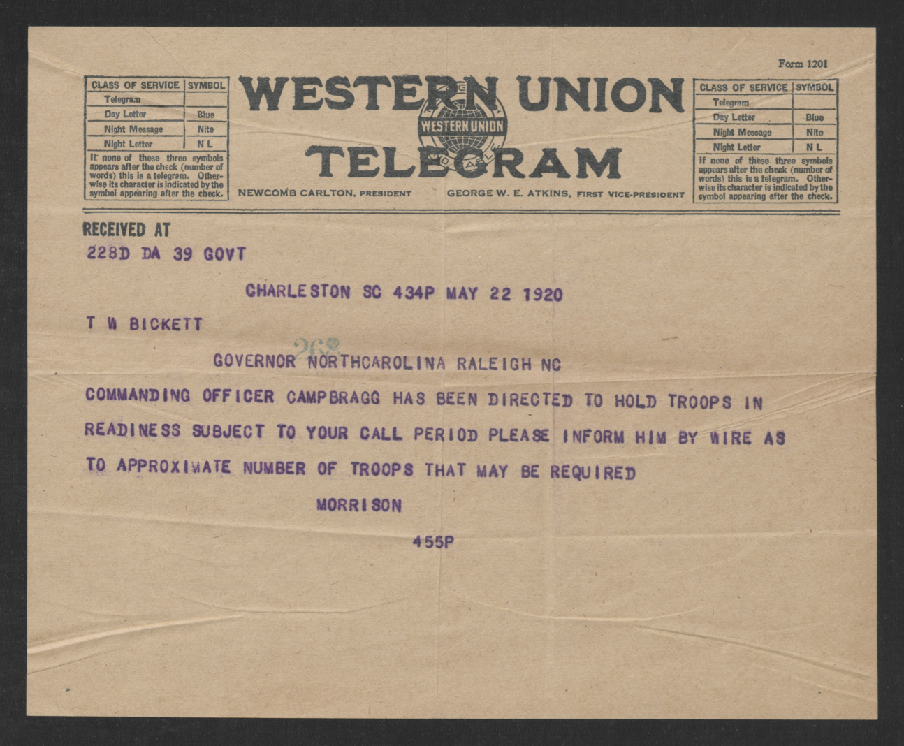 Telegram from John F. Morrison to Thomas W. Bickett, May 22, 1920