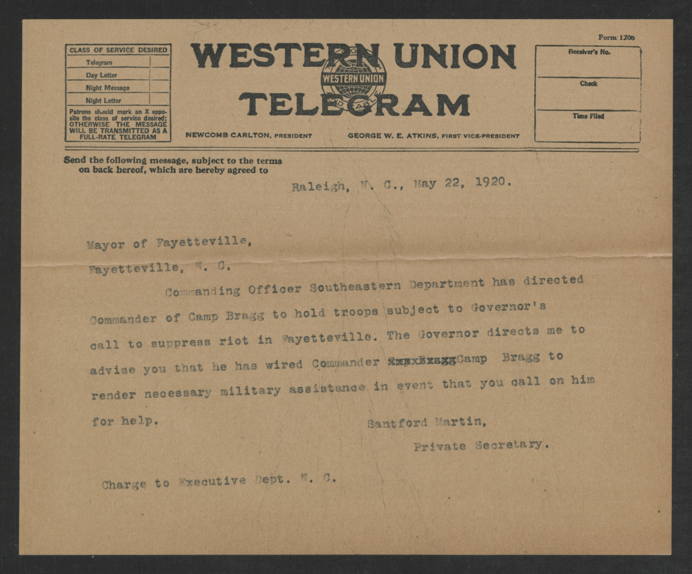 Telegram from Santford Martin to the Mayor of Fayetteville, May 22, 1920