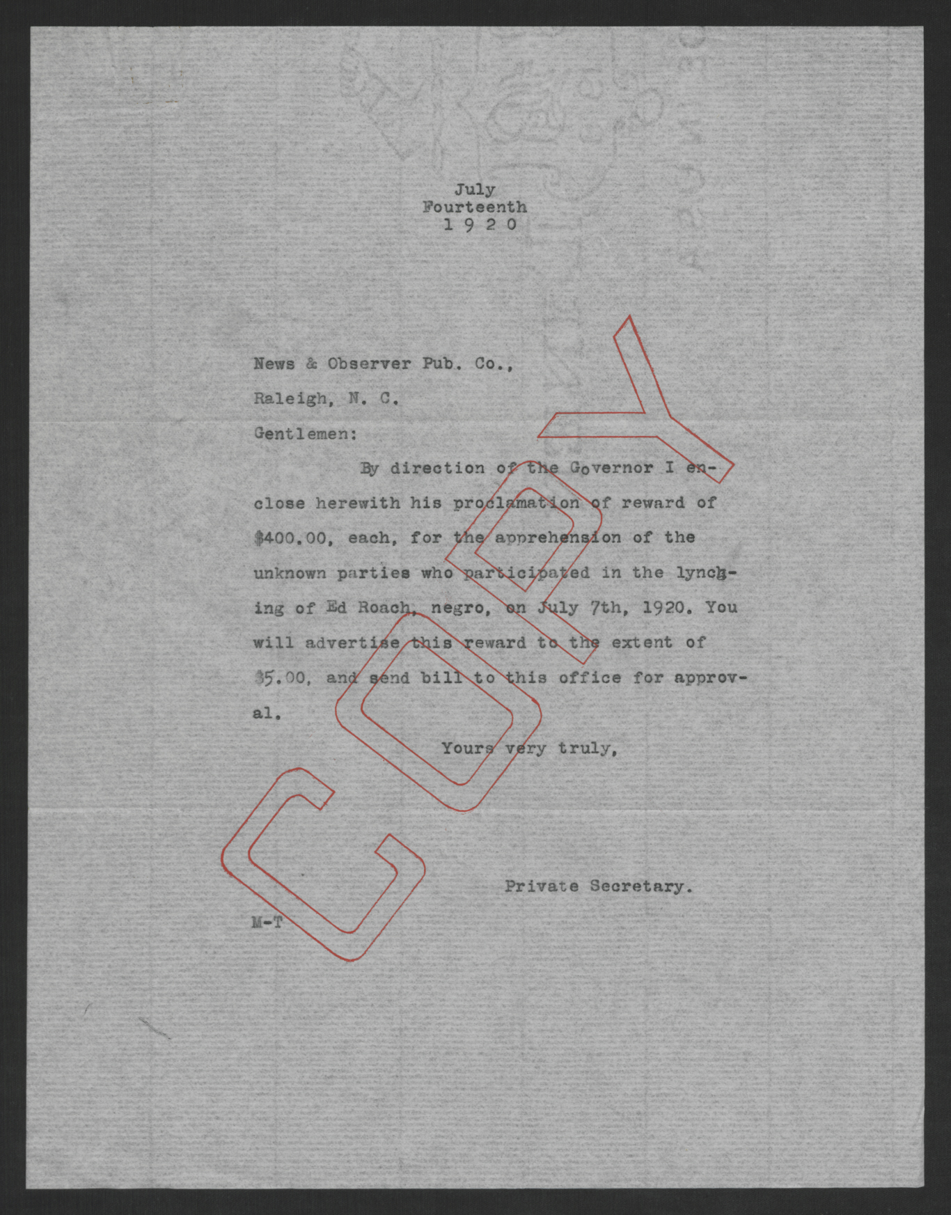 Letter from Santford Martin to the News & Observer, July 14, 1920