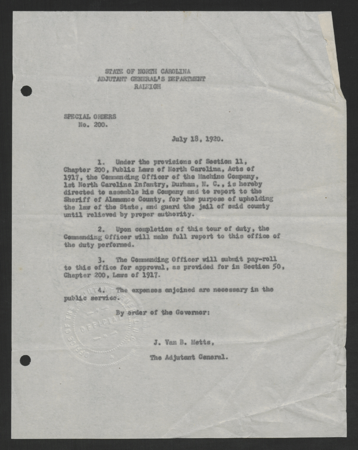 Special Orders No. 200, July 18, 1920
