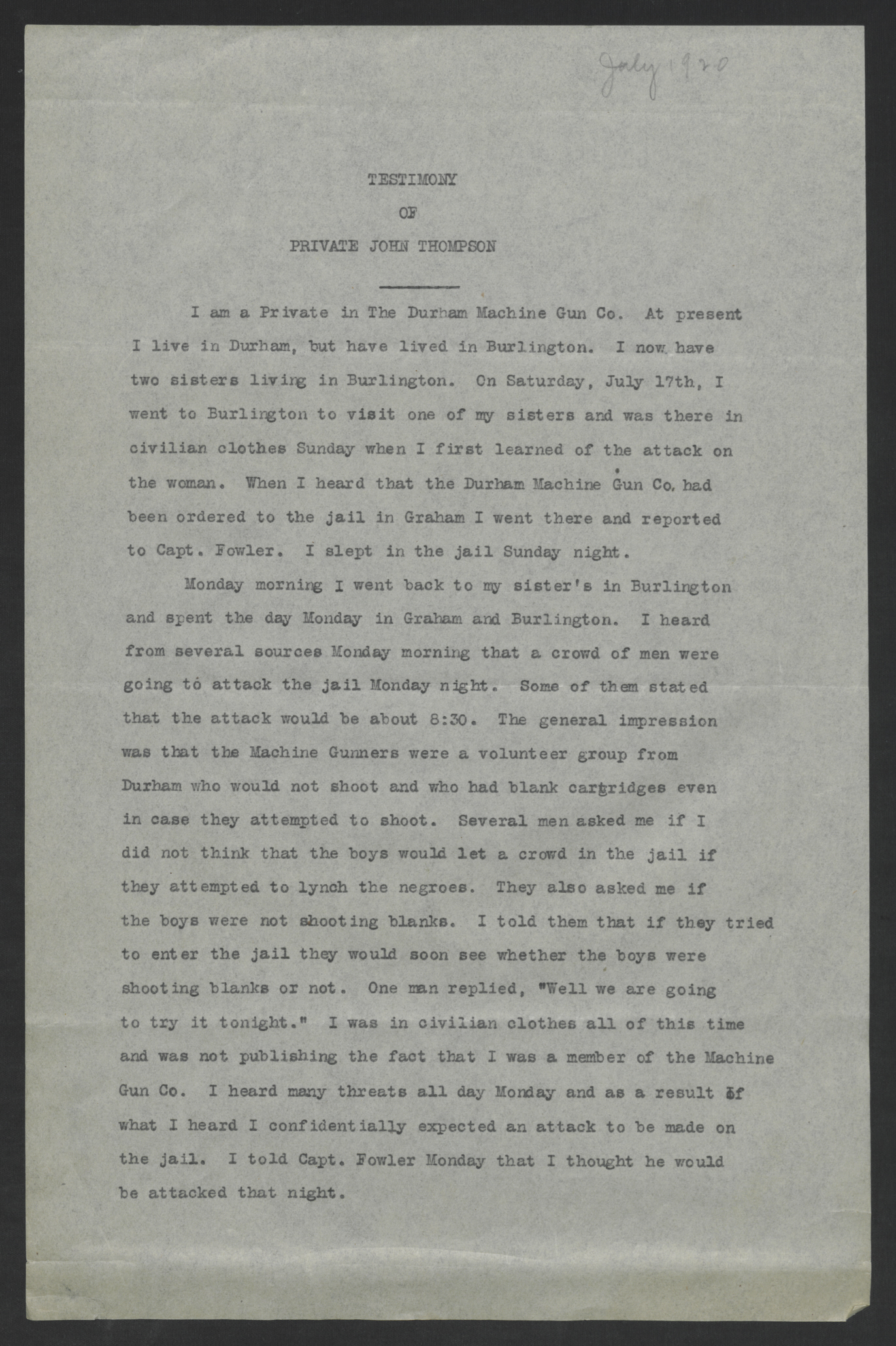 Testimony of Private John Thompson, August 2, 1920, page 1