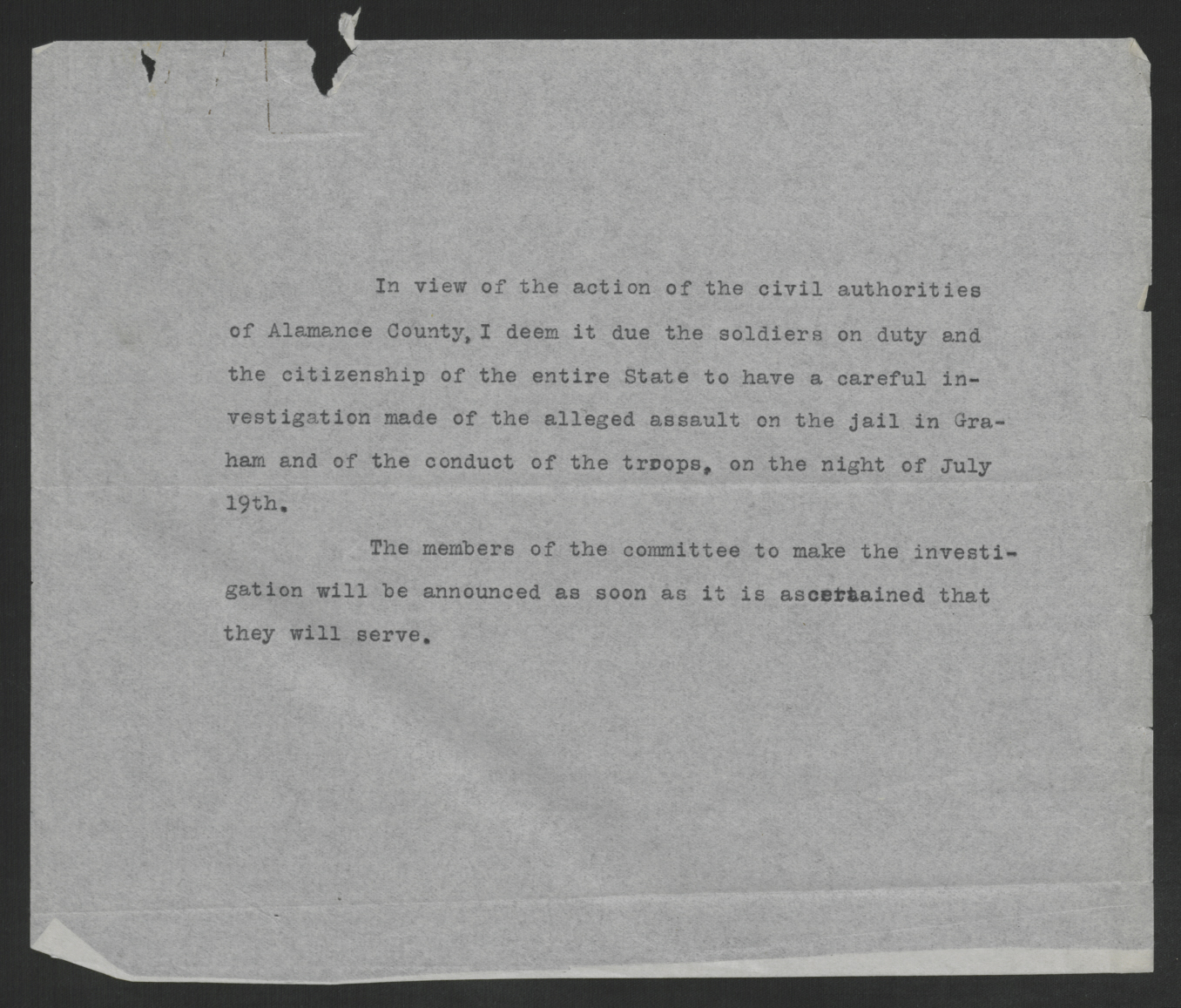 Press Statement by Thomas W. Bickett on Alamance County Lynch Mob, July 22, 1920
