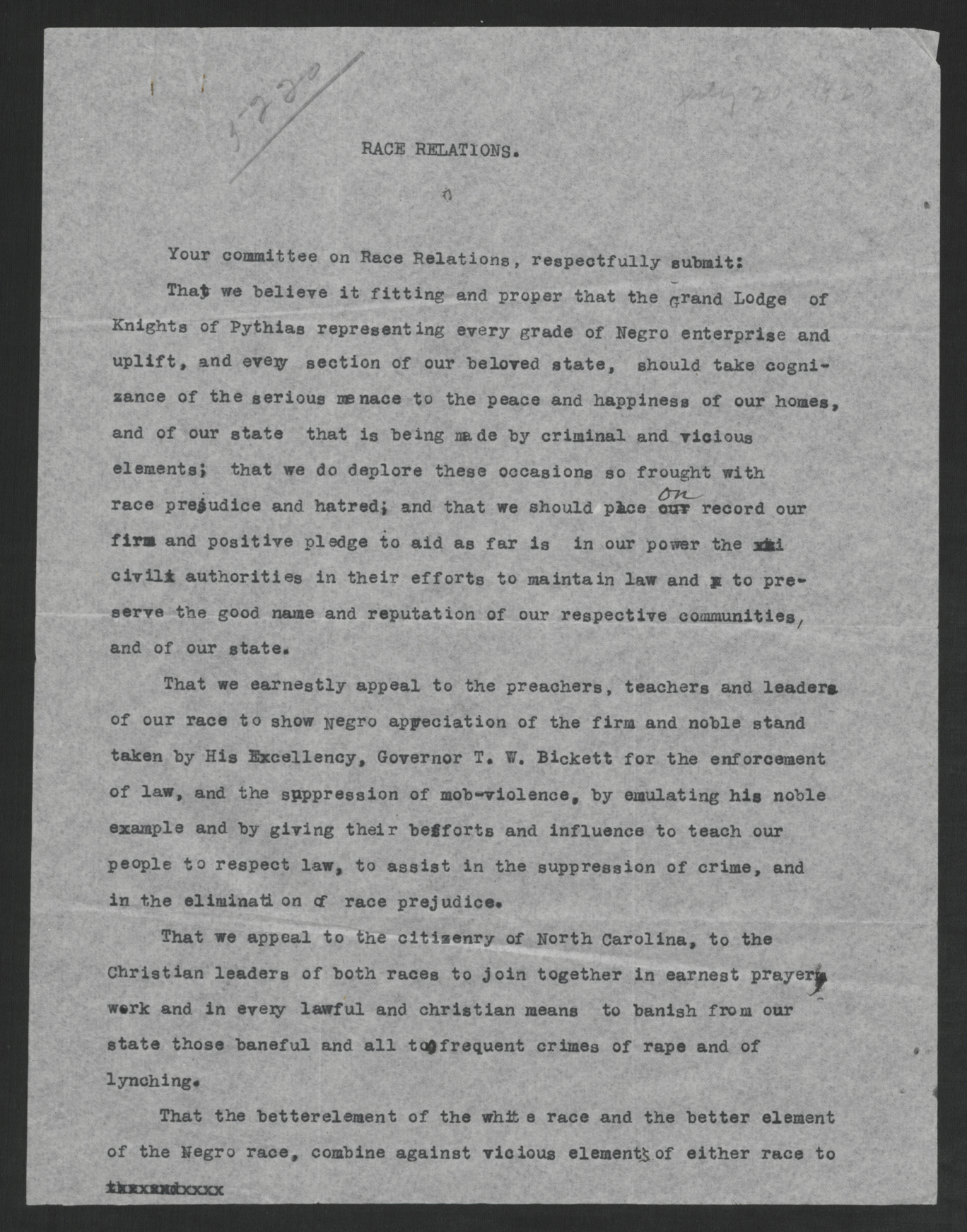 Letter from the Colored Knights of Pythias to Thomas W. Bickett, July 20, 1920, page 1