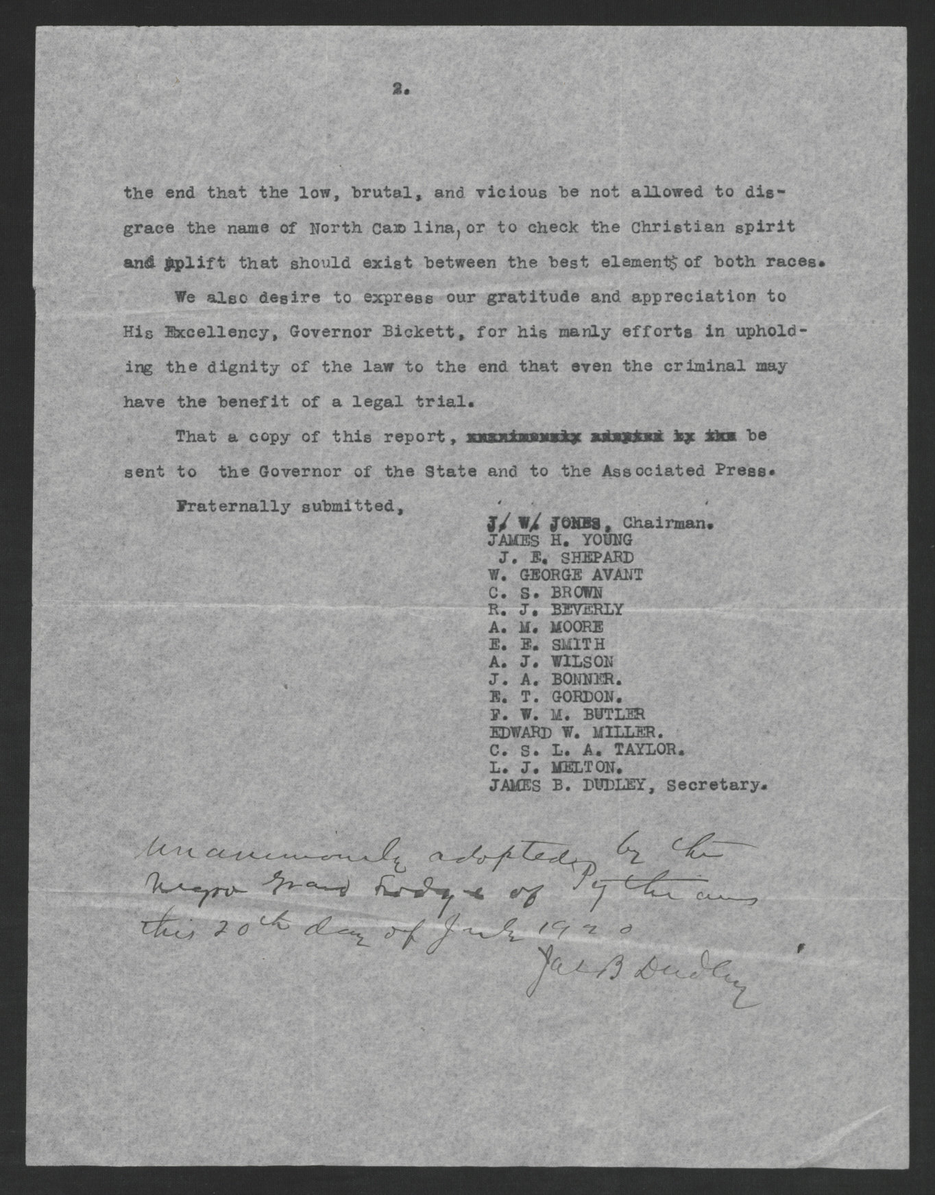 Letter from the Colored Knights of Pythias to Thomas W. Bickett, July 20, 1920, page 2