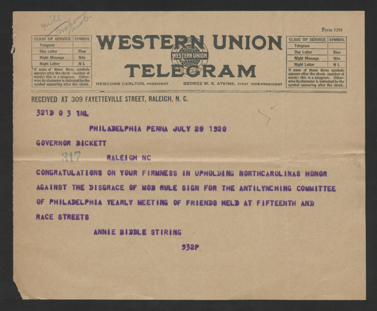 Telegram from Annie Biddle Stiring to Thomas W. Bickett, July 20, 1920