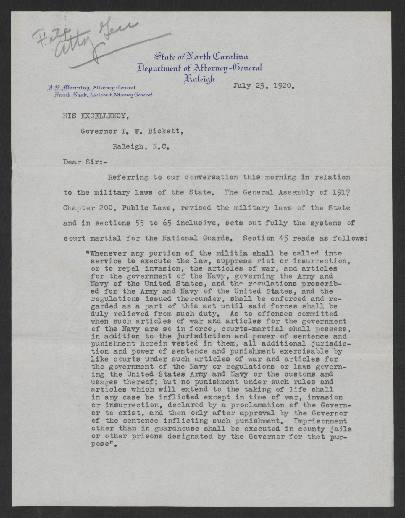 Letter from Francis Nash to Thomas W. Bickett, July 23, 1920, page 1