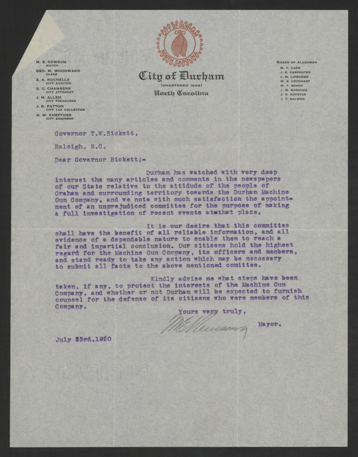 Letter from Marion E. Newsom to Thomas W. Bickett, July 23, 1920
