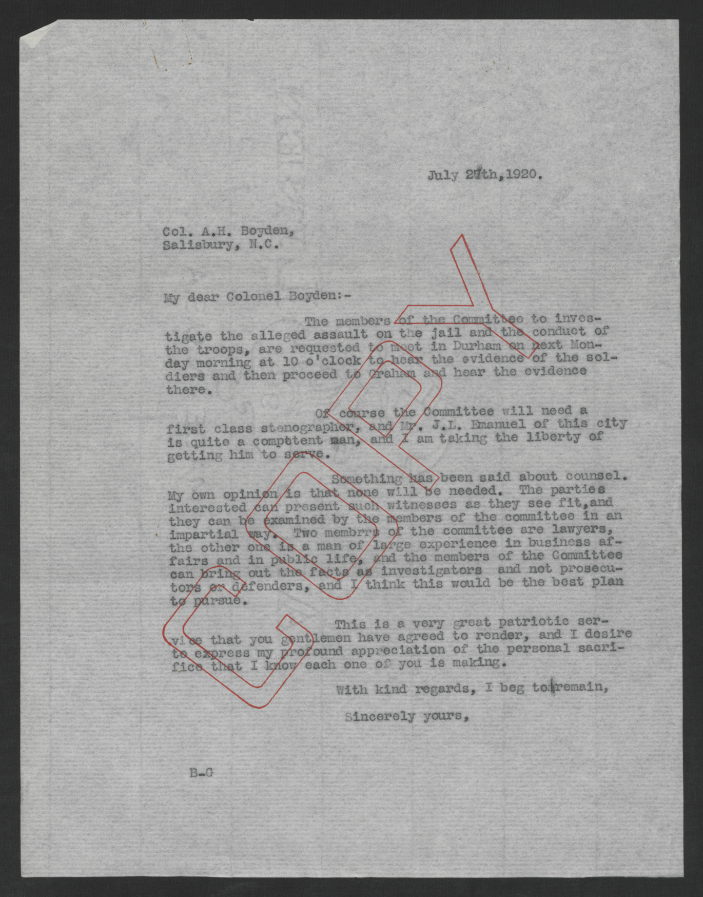 Letter from Thomas W. Bickett to Archibald H. Boyden, July 27, 1920