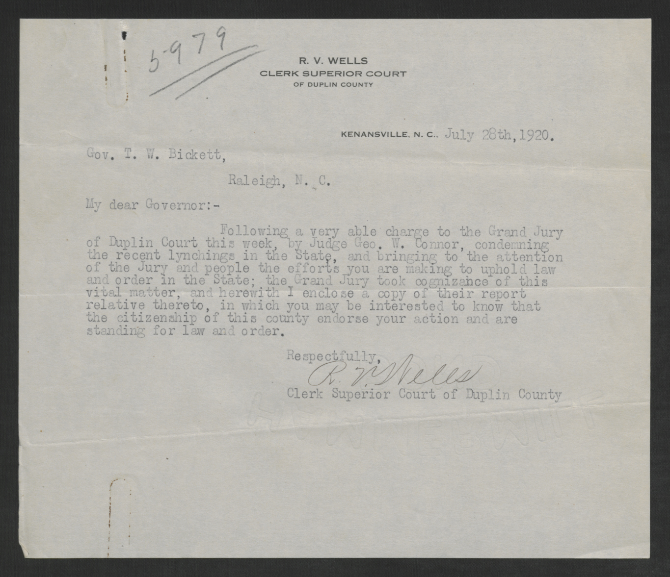 Letter from Robert V. Wells to Thomas W. Bickett, July 28, 1920