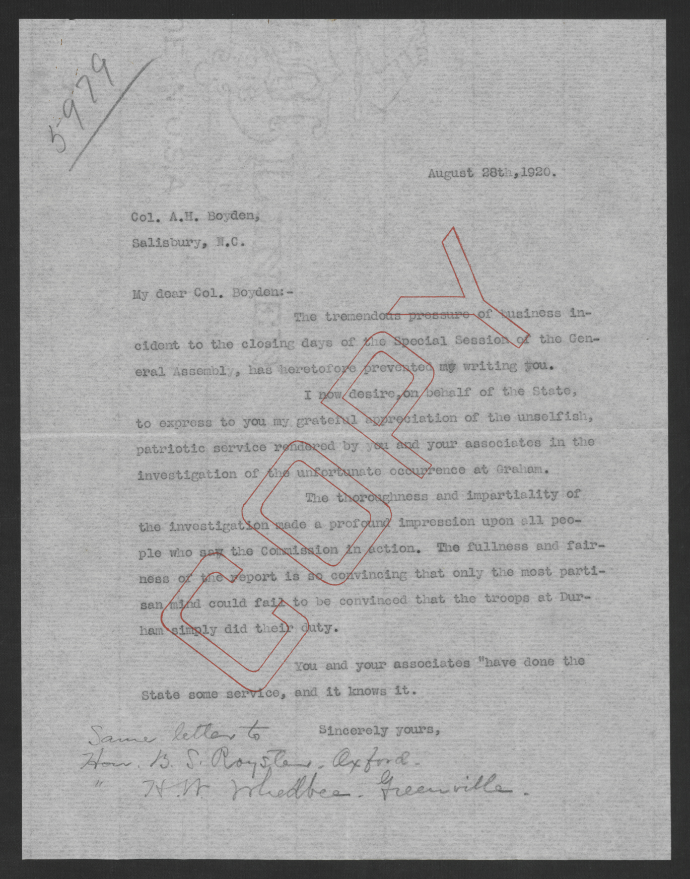 Letter from Thomas W. Bickett to Archibald H. Boyden, August 28, 1920