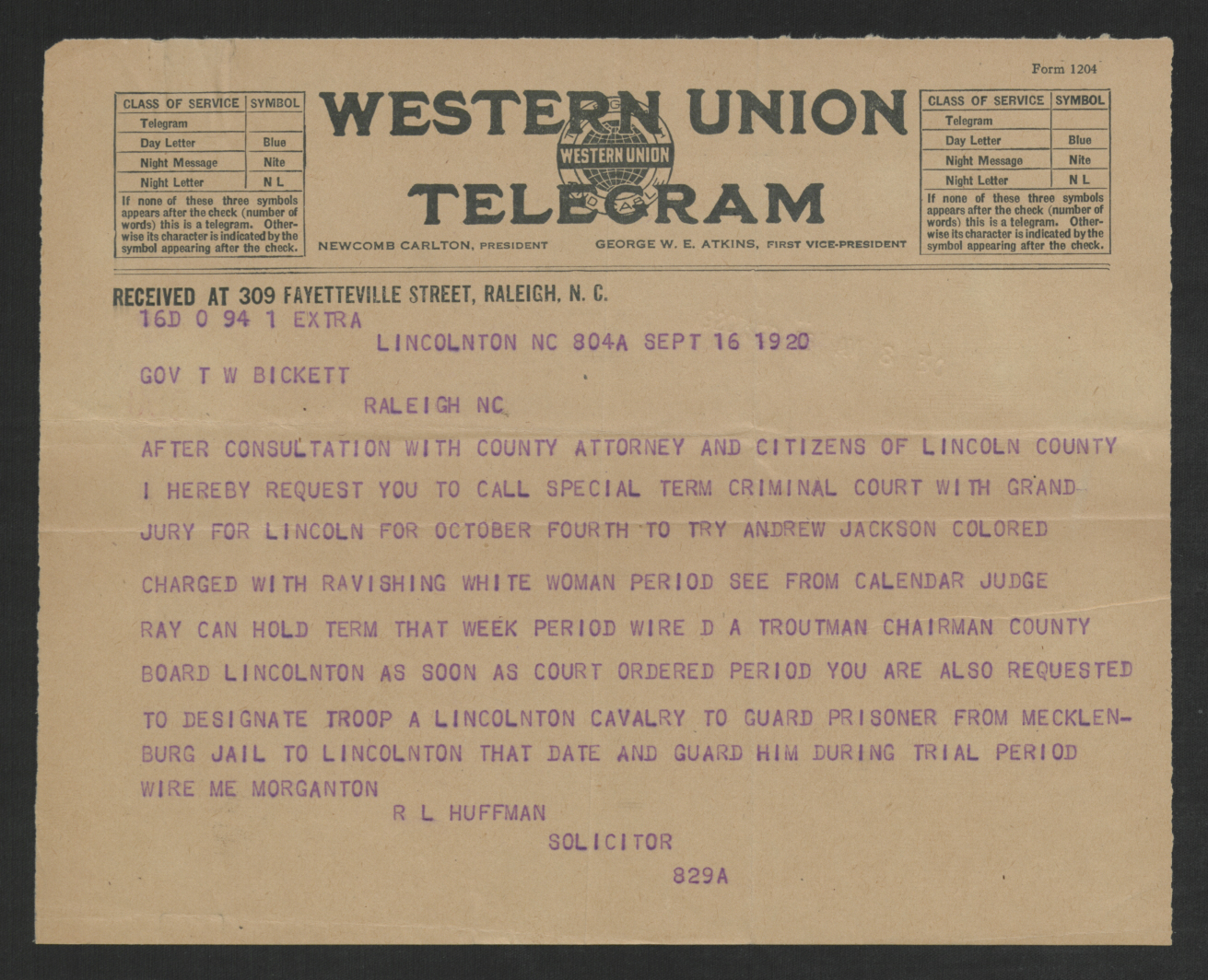 Telegram from Robert L. Huffman to Thomas W. Bickett, September 16, 1920