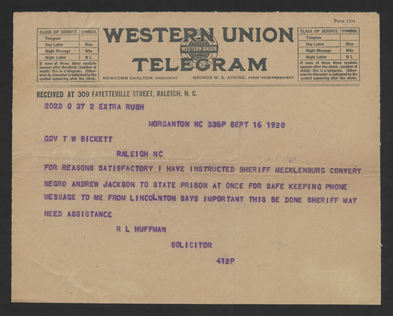 Telegram from Robert L. Huffman to Thomas W. Bickett, September 16, 1920