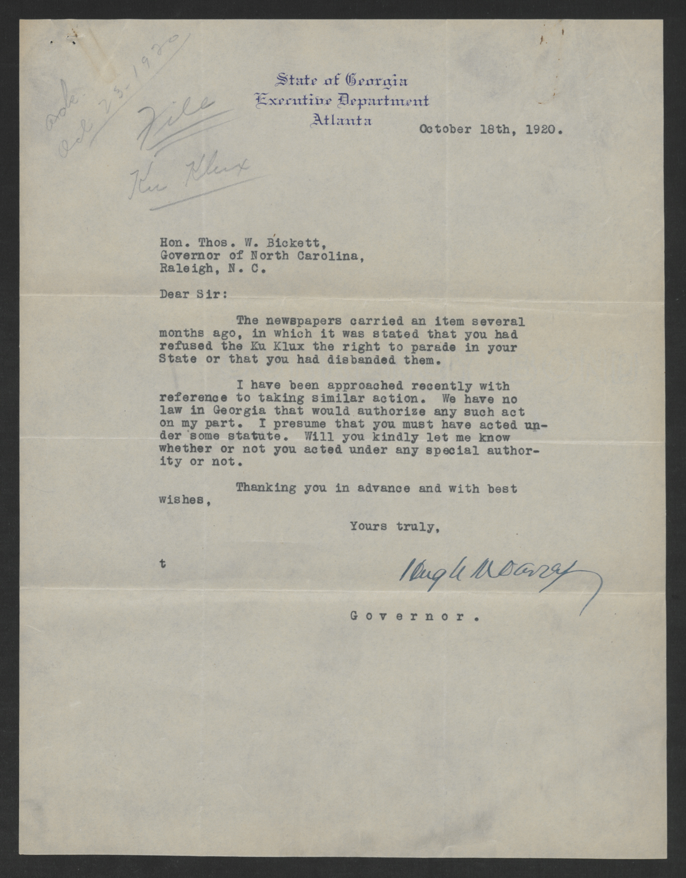 Letter from Hugh M. Dorsey to Thomas W. Bickett, October 18, 1920