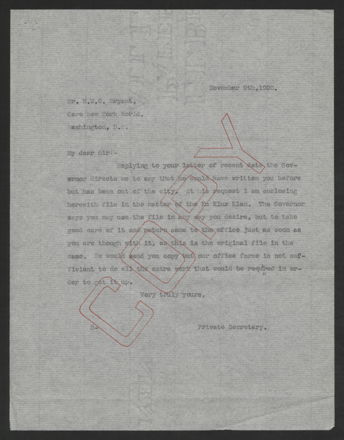 Letter from William Y. Bickett to Henry E. C. Bryant, November 9, 1920