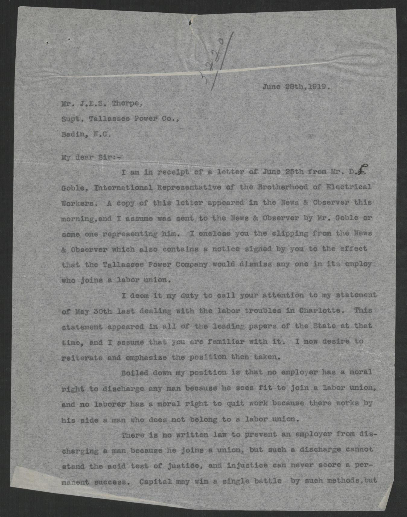 Letter from Thomas W. Bickett to John E. S. Thorpe, June 28, 1919, page 1
