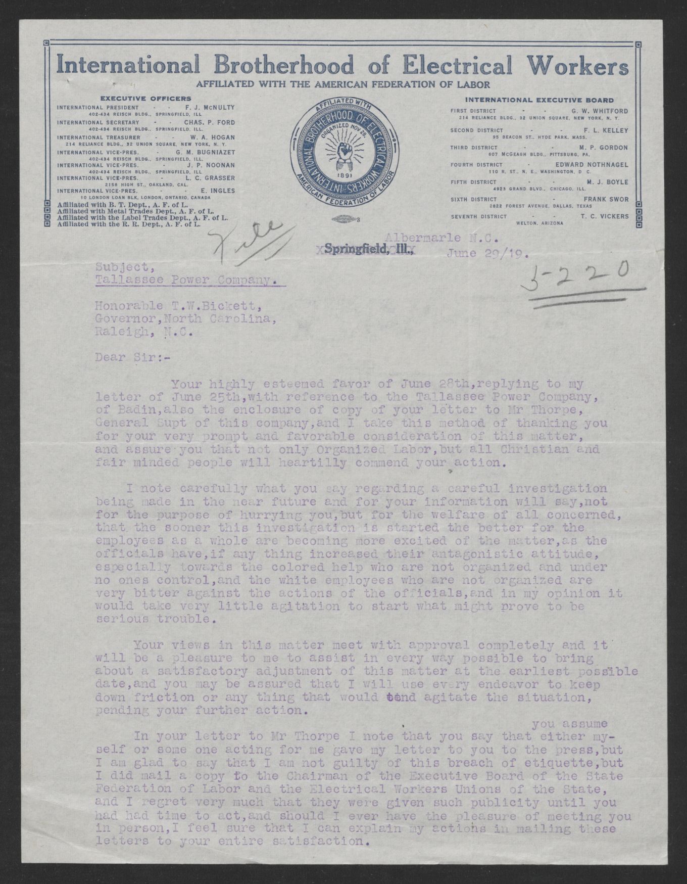 Letter from David L. Goble to Thomas W. Bickett, June 29, 1919, page 1