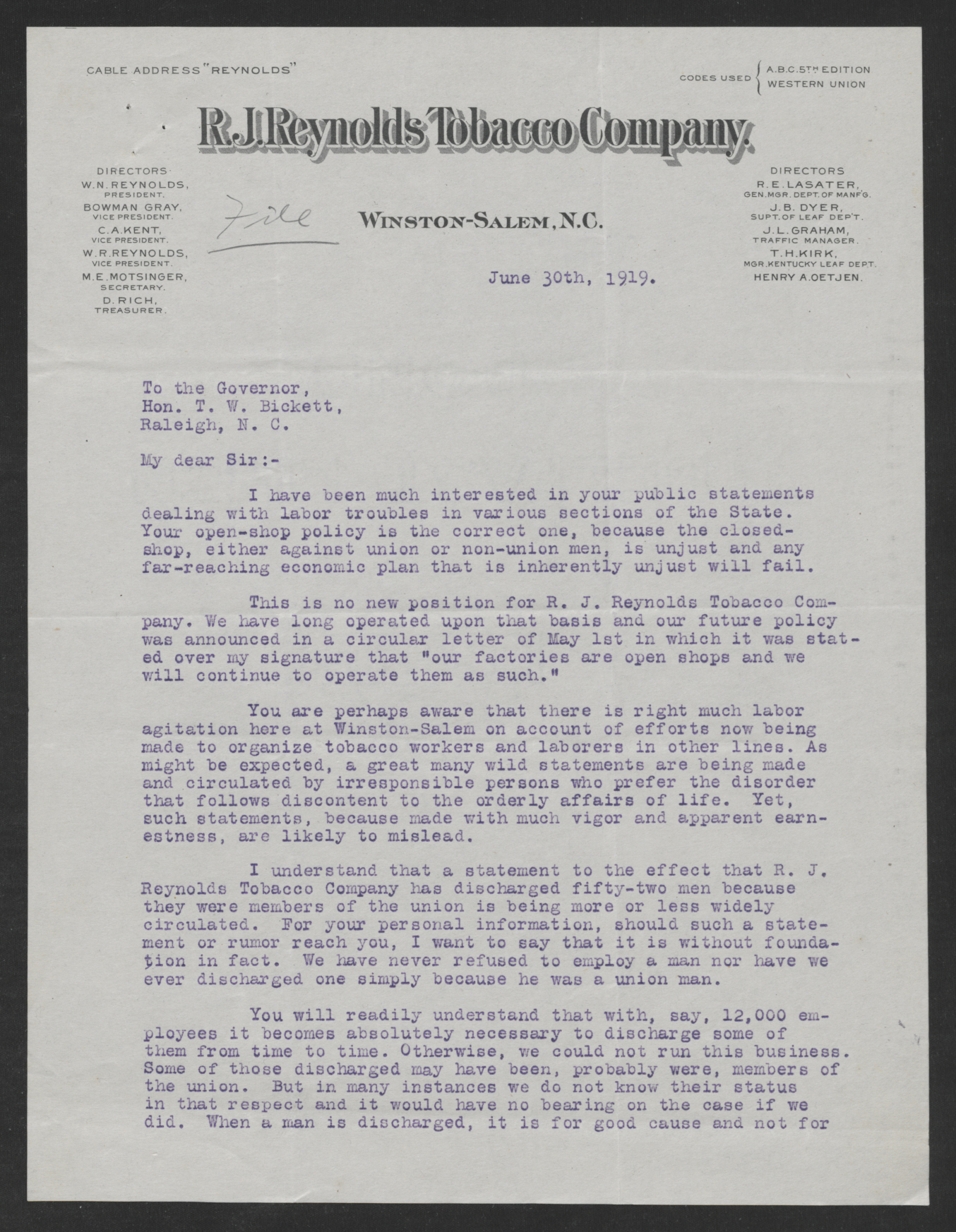 Letter from William N. Reynolds to Thomas W. Bickett, June 30, 1919, page 1