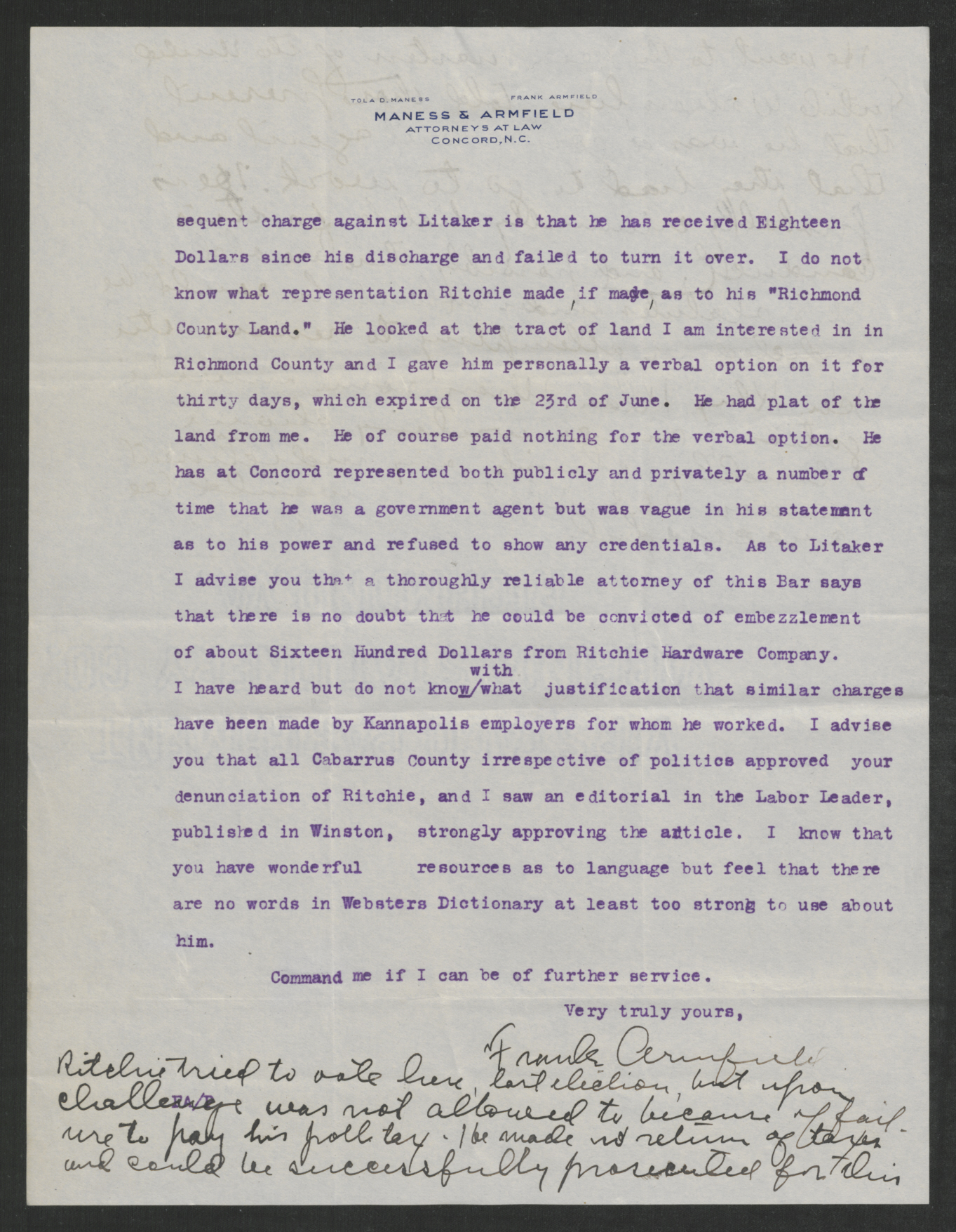 Letter from Frank Armfield, Sr., to Thomas W. Bickett, July 9, 1919, page 2