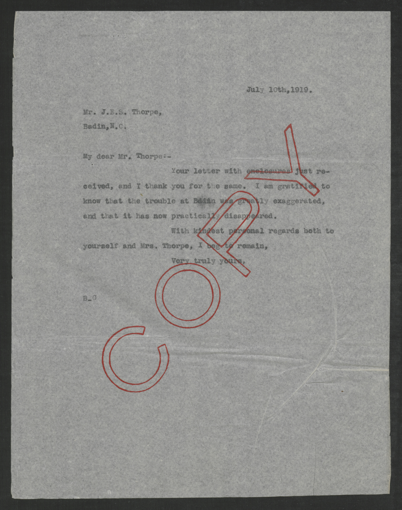 Letter from Thomas W. Bickett to John E. S. Thorpe, July 10, 1919