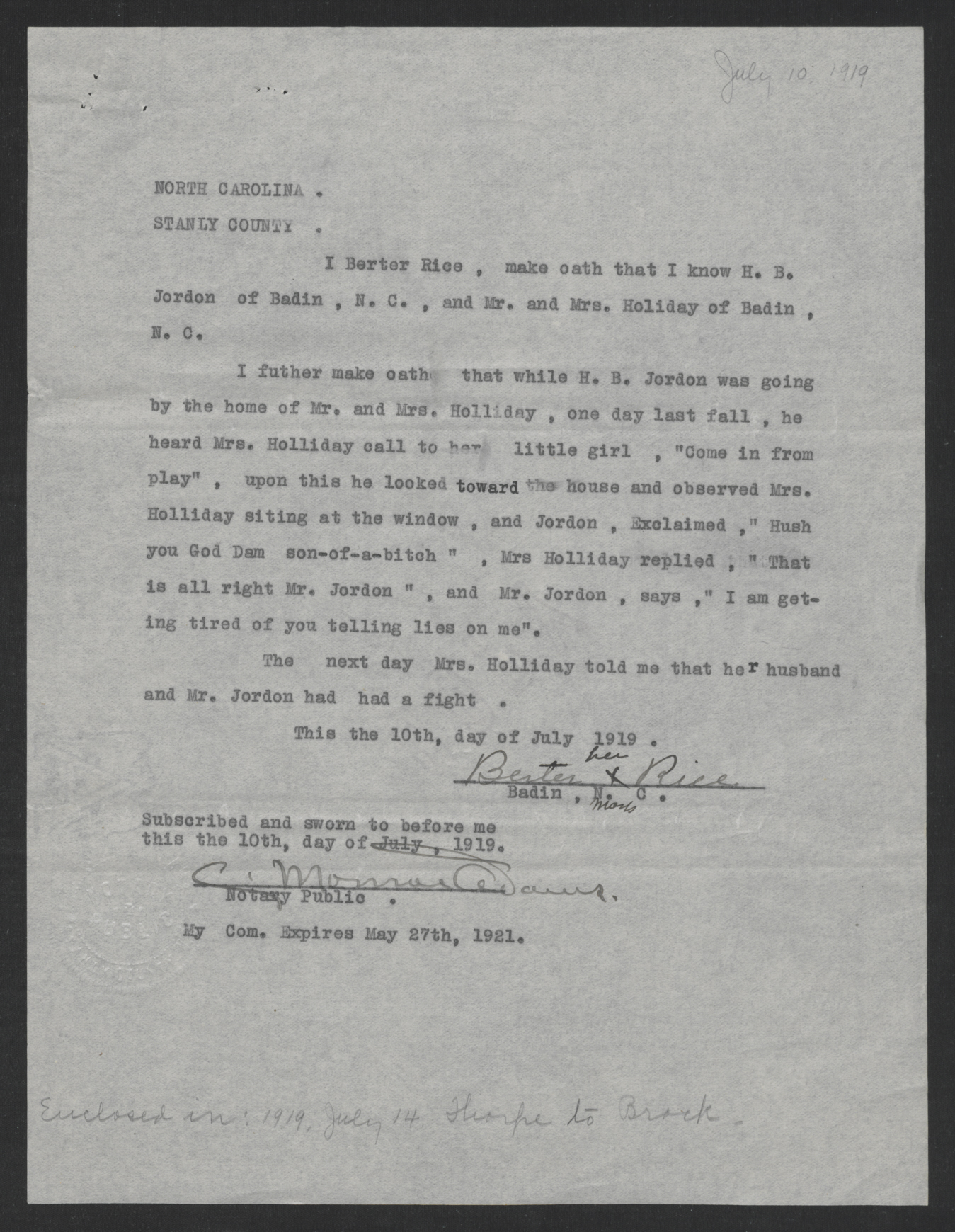 Affidavit of Berter Rice, July 10, 1919