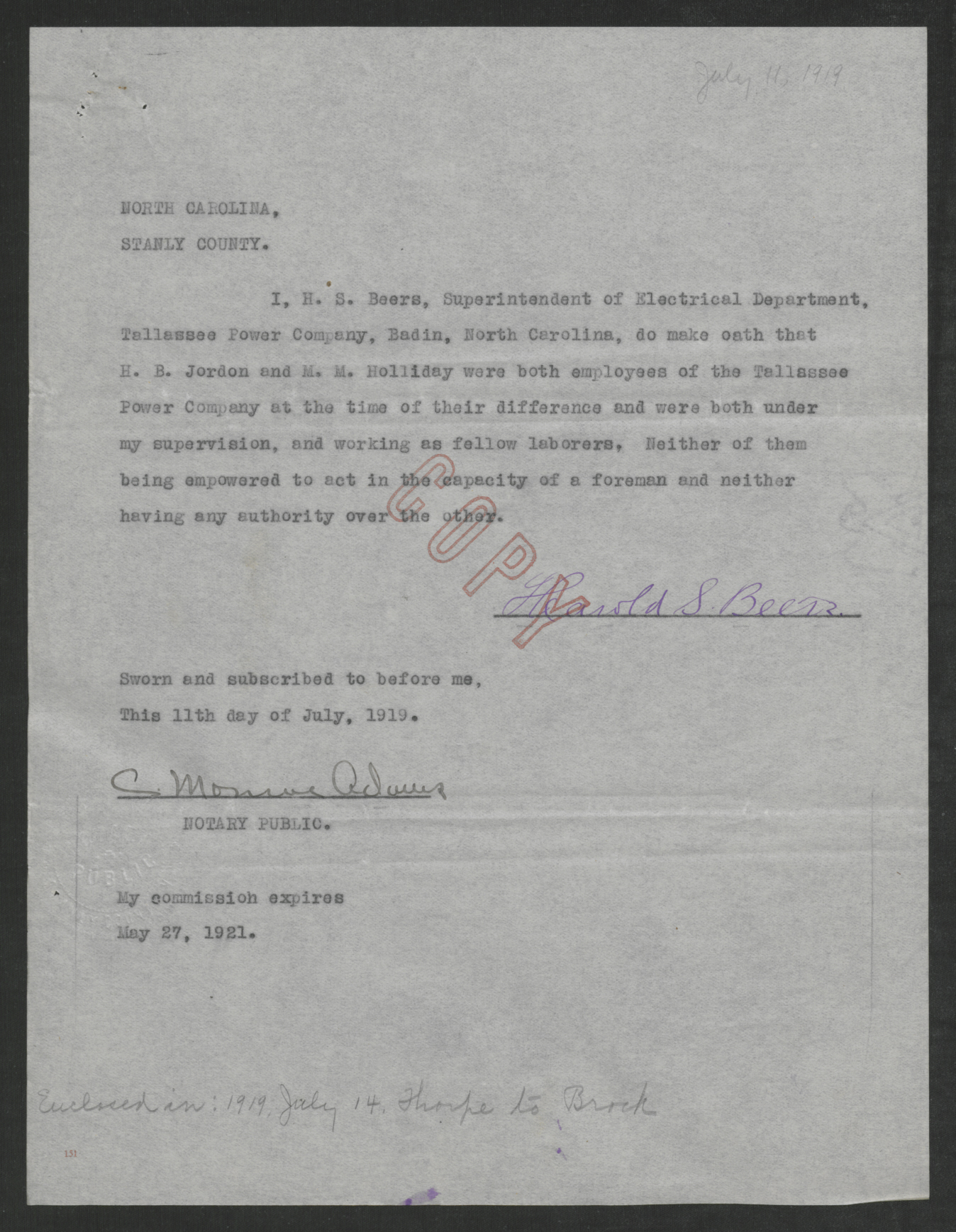 Affidavit of Harold S. Beers, July 11, 1919