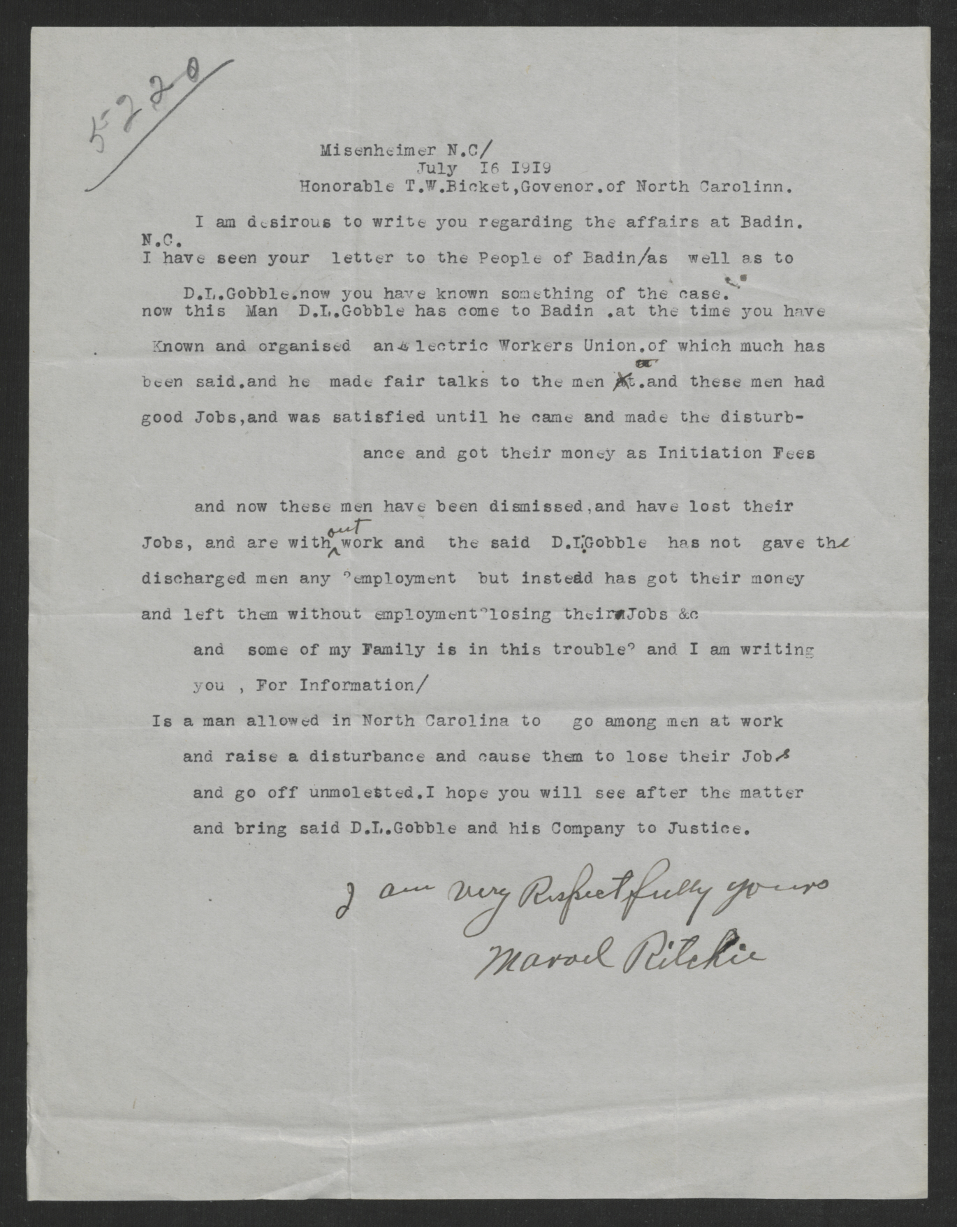 Letter from Marvel Ritchie to Thomas W. Bickett, July 16, 1919