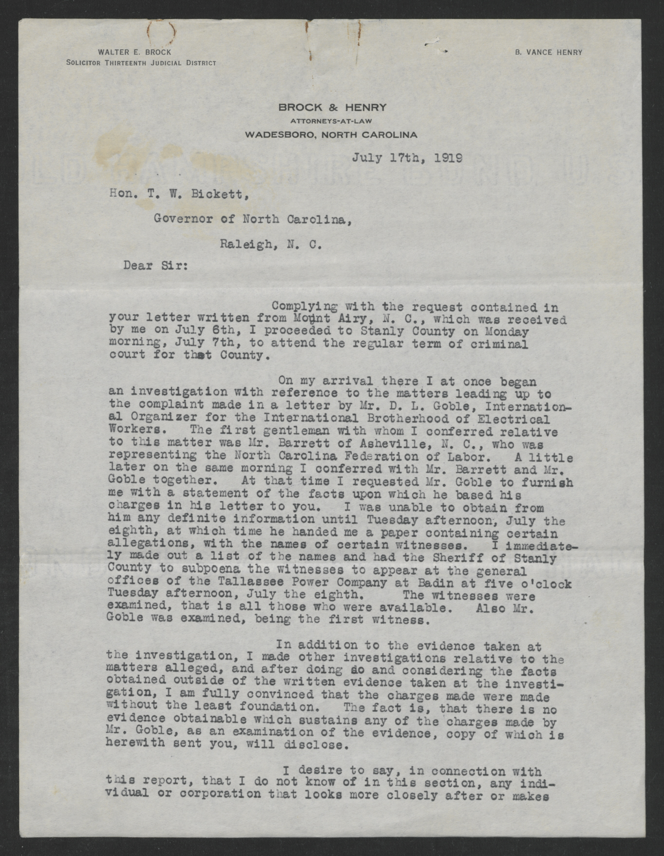 Letter from Walter E. Brock to Thomas W. Bickett, July 17, 1919, page 1