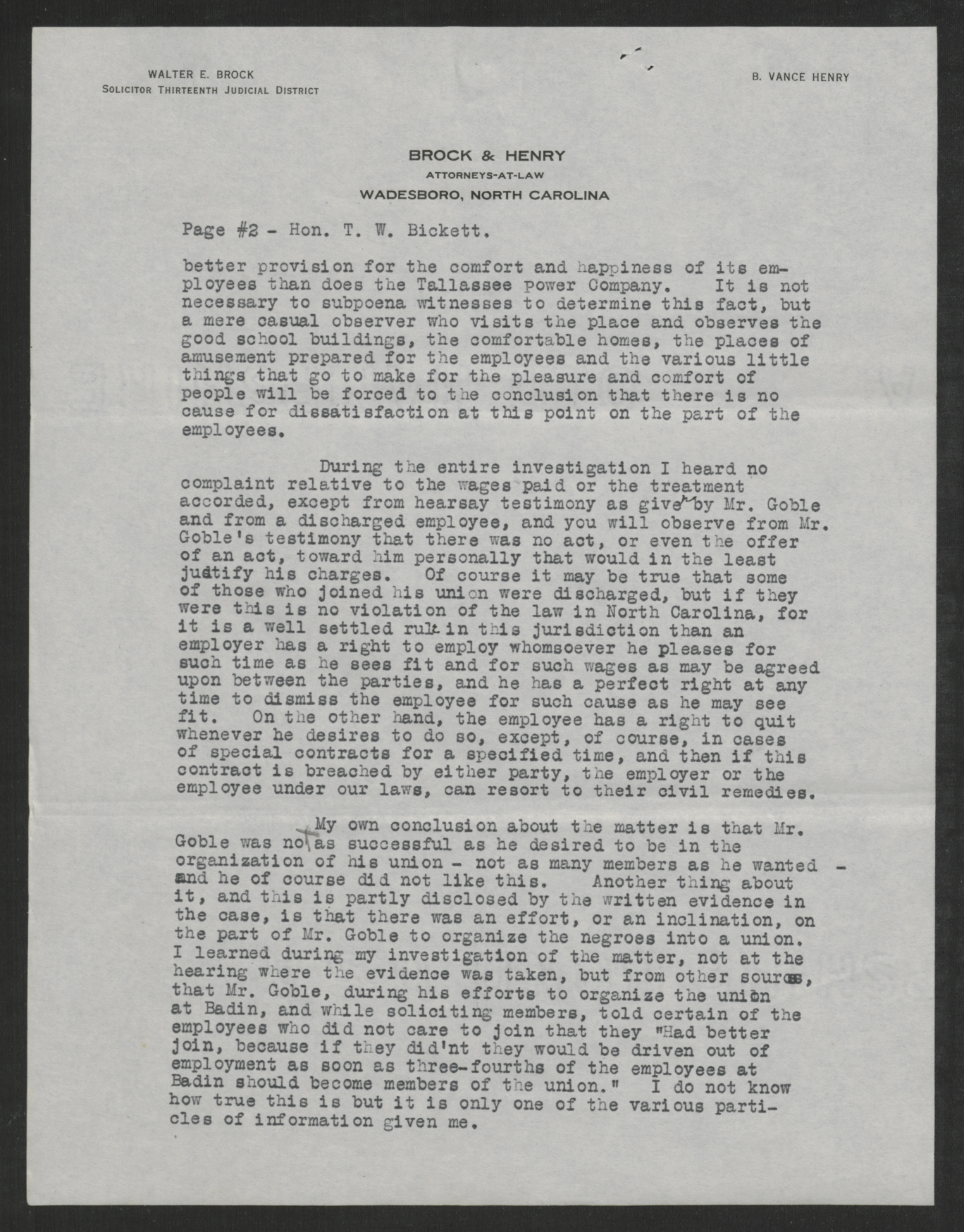 Letter from Walter E. Brock to Thomas W. Bickett, July 17, 1919, page 2