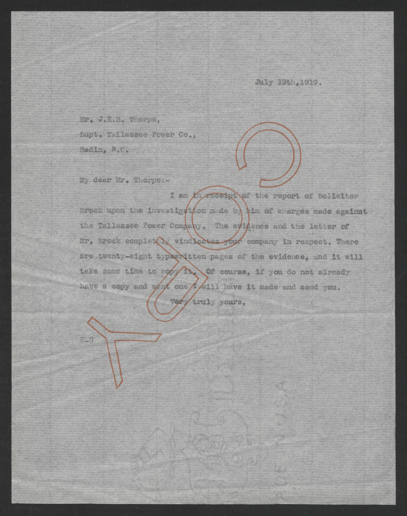 Letter from Thomas W. Bickett to John E. S. Thorpe, July 19, 1919