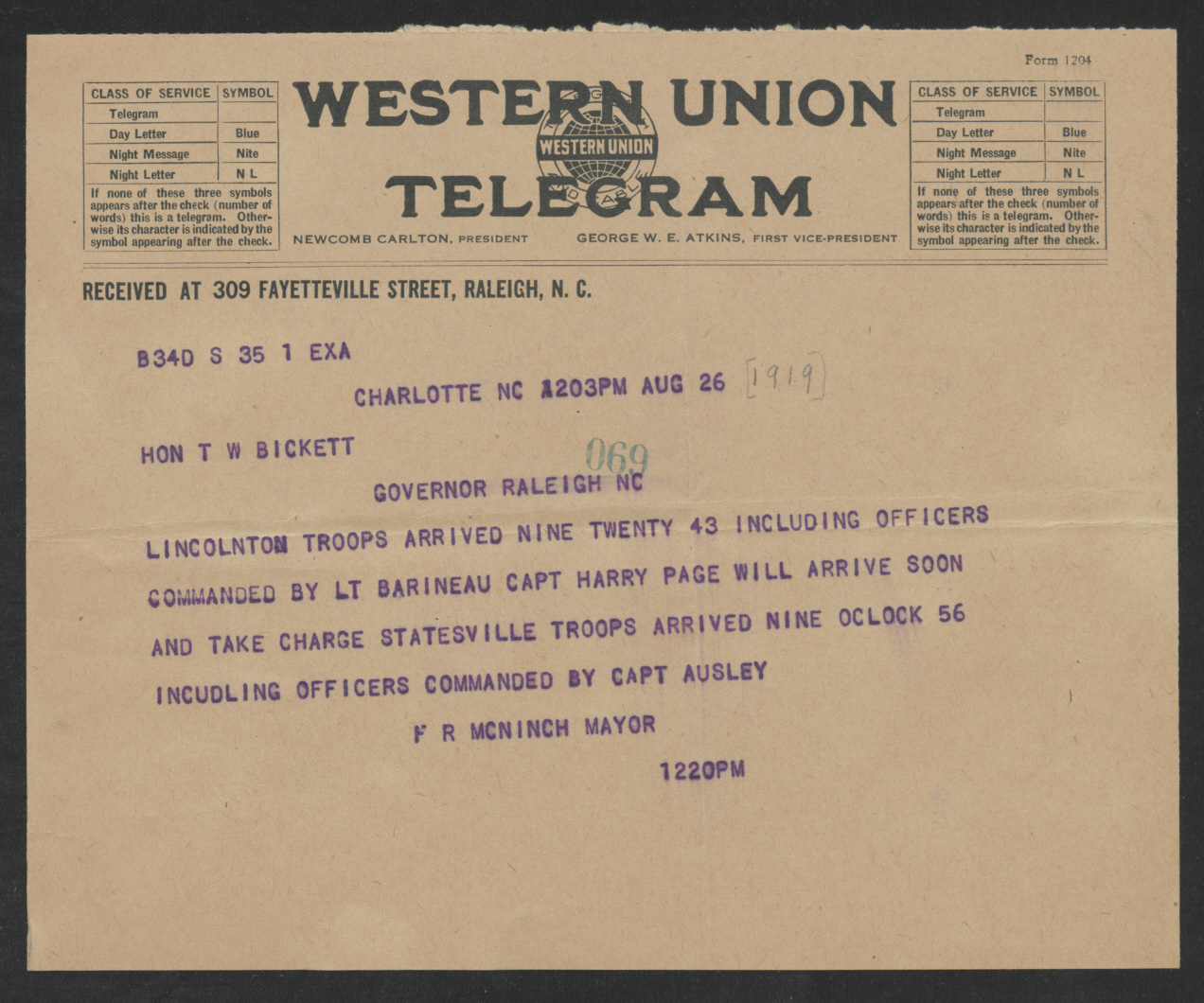 Telegram from Frank R. McNinch to Thomas W. Bickett, August 26, 1919