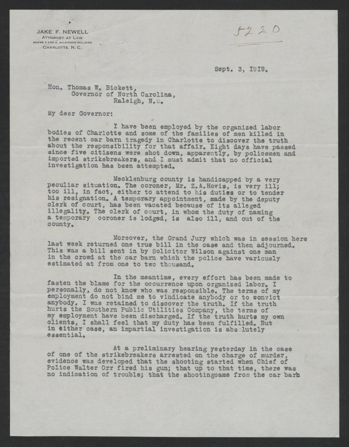 Letter from Jake F. Newell to Thomas W. Bickett, September 3, 1919, page 1