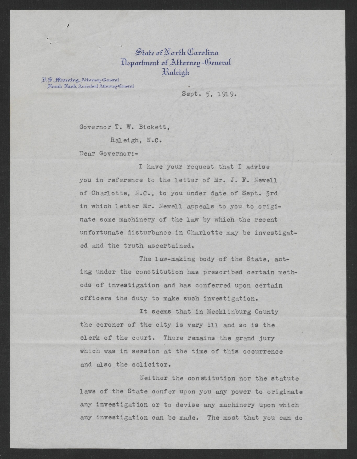 Letter from James S. Manning to Thomas W. Bickett, September 5, 1919, page 1