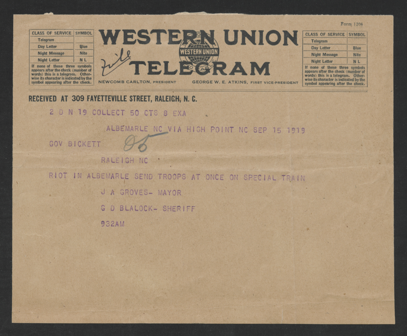 Telegram from J. A. Groves and Gaston D. Blalock to Thomas W. Bickett, September 15, 1919