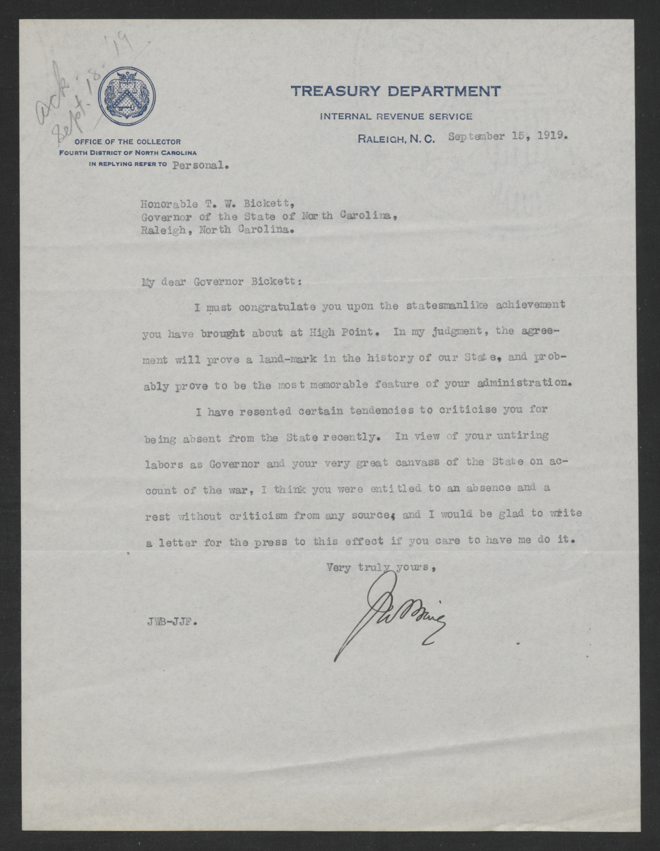 Letter from Josiah W. Bailey to Thomas W. Bickett, September 15, 1919