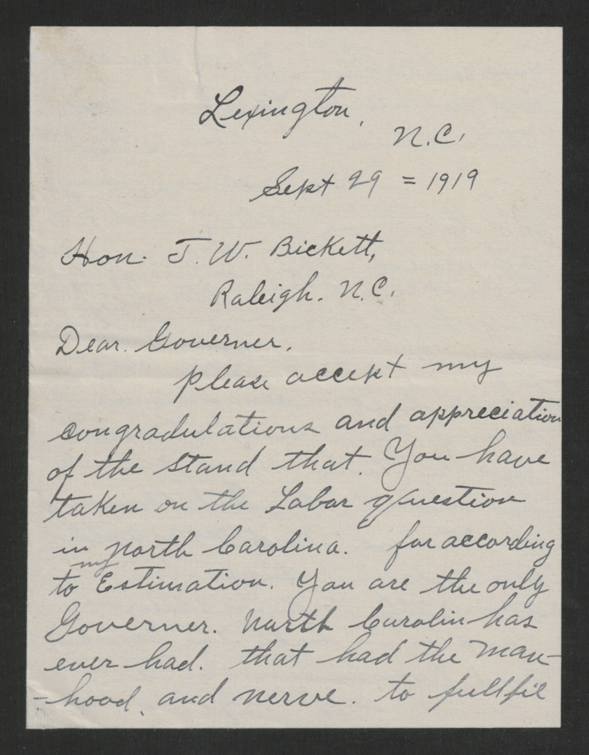 Letter from Charles R. Hilton to Thomas W. Bickett, September 29, 1919, page 1