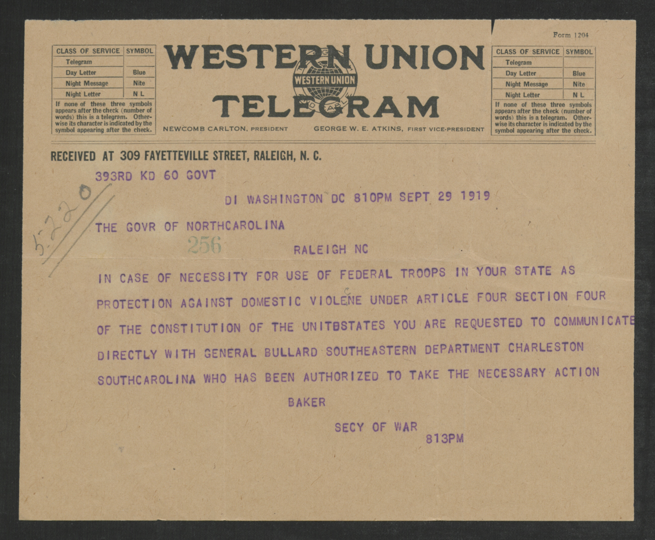 Telegram from Newton D. Baker to Thomas W. Bickett, September 29, 1919