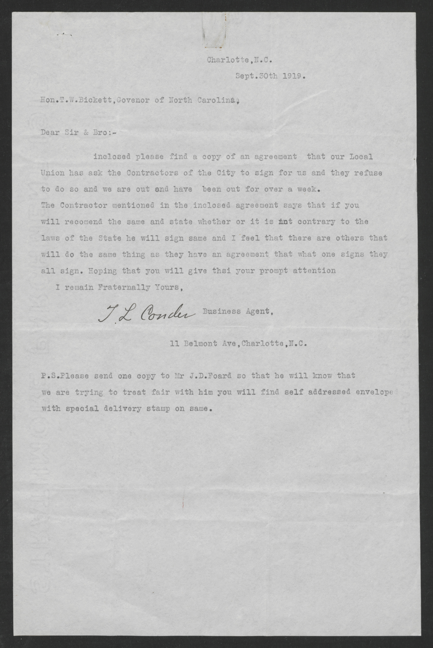 Letter from Thomas L. Conder to Thomas W. Bickett, September 30, 1919