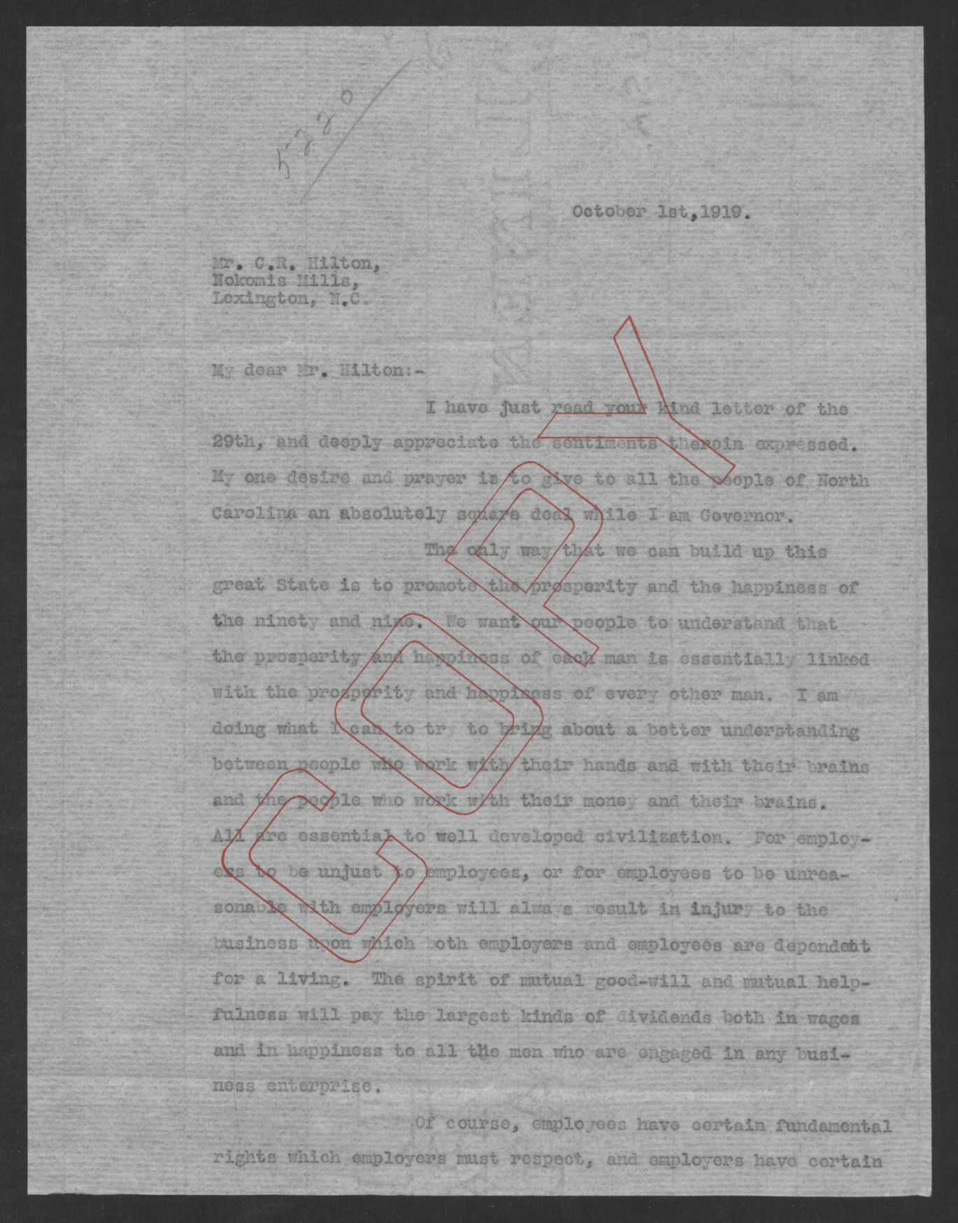 Letter from Thomas W. Bickett to Charles R. Hilton, October 1, 1919, page 1