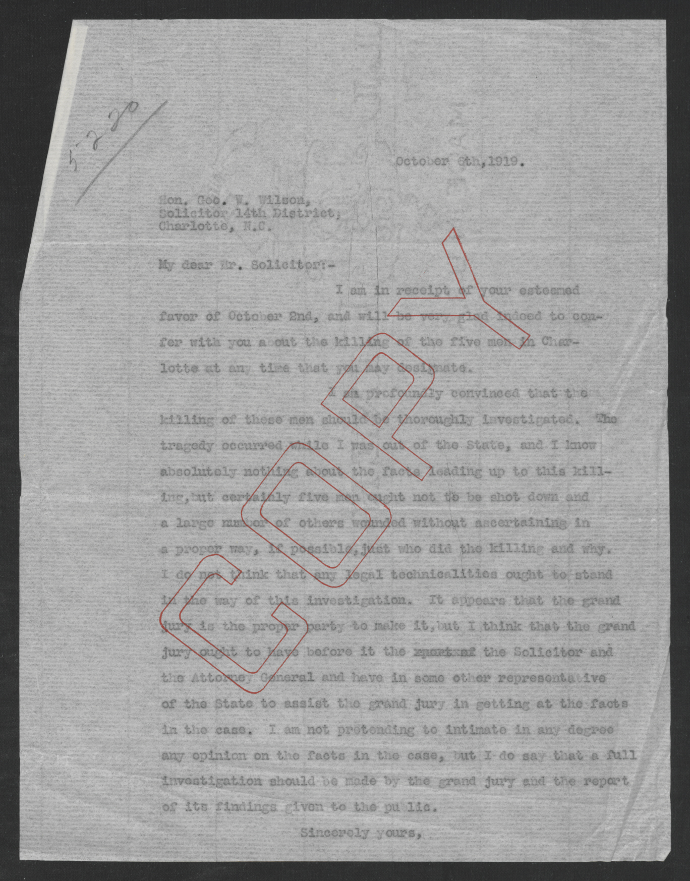 Letter from Thomas W. Bickett to George W. Wilson, October 6, 1919