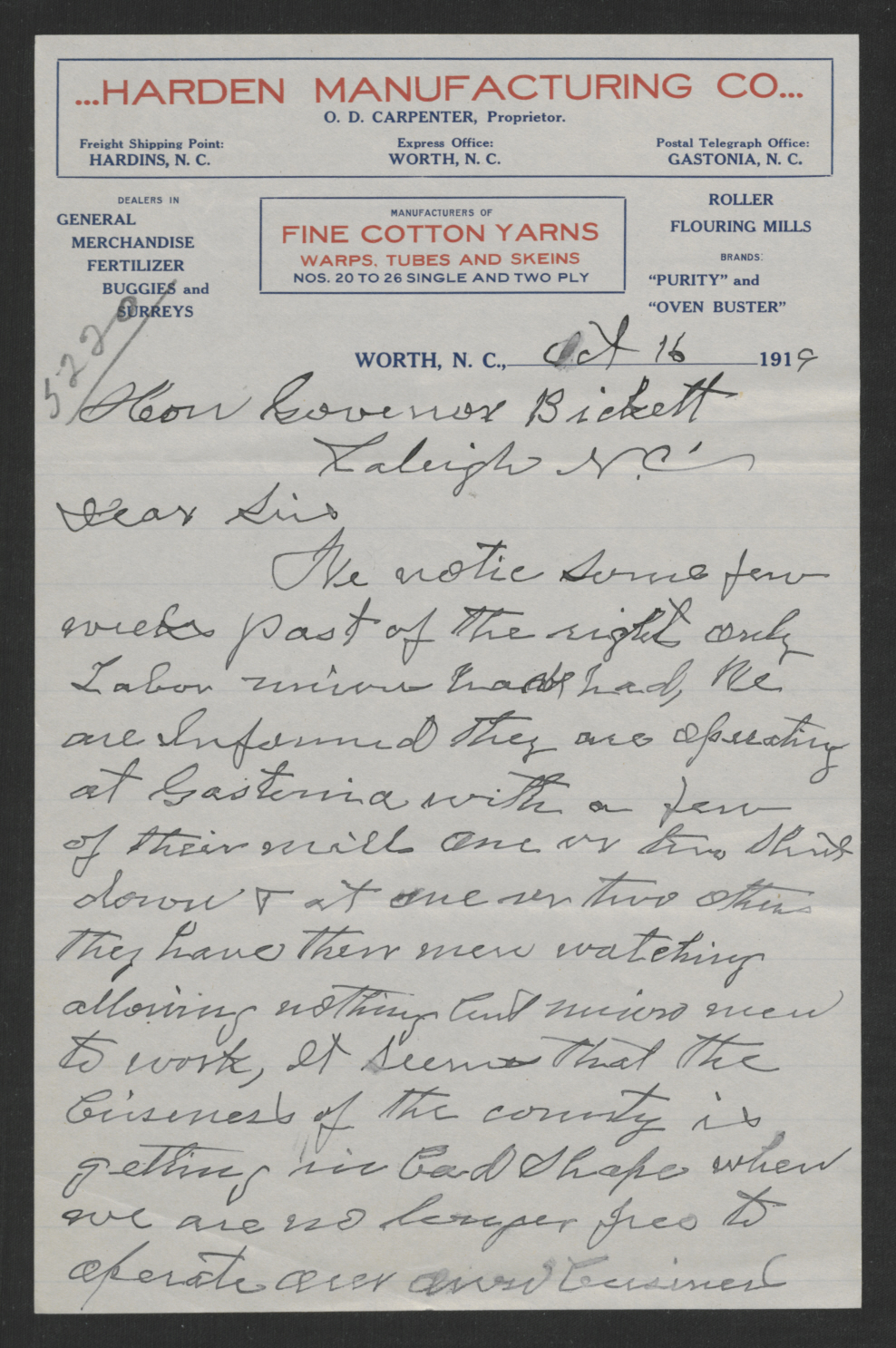 Letter from Oscar D. Carpenter to Thomas W. Bickett, October 16, 1919, page 1