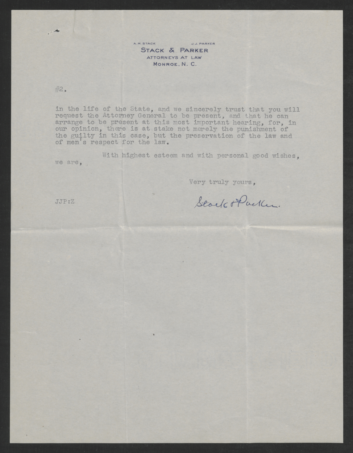 Letter from Amos M. Stack and John J. Parker to Thomas W. Bickett, October 16, 1919, page 2