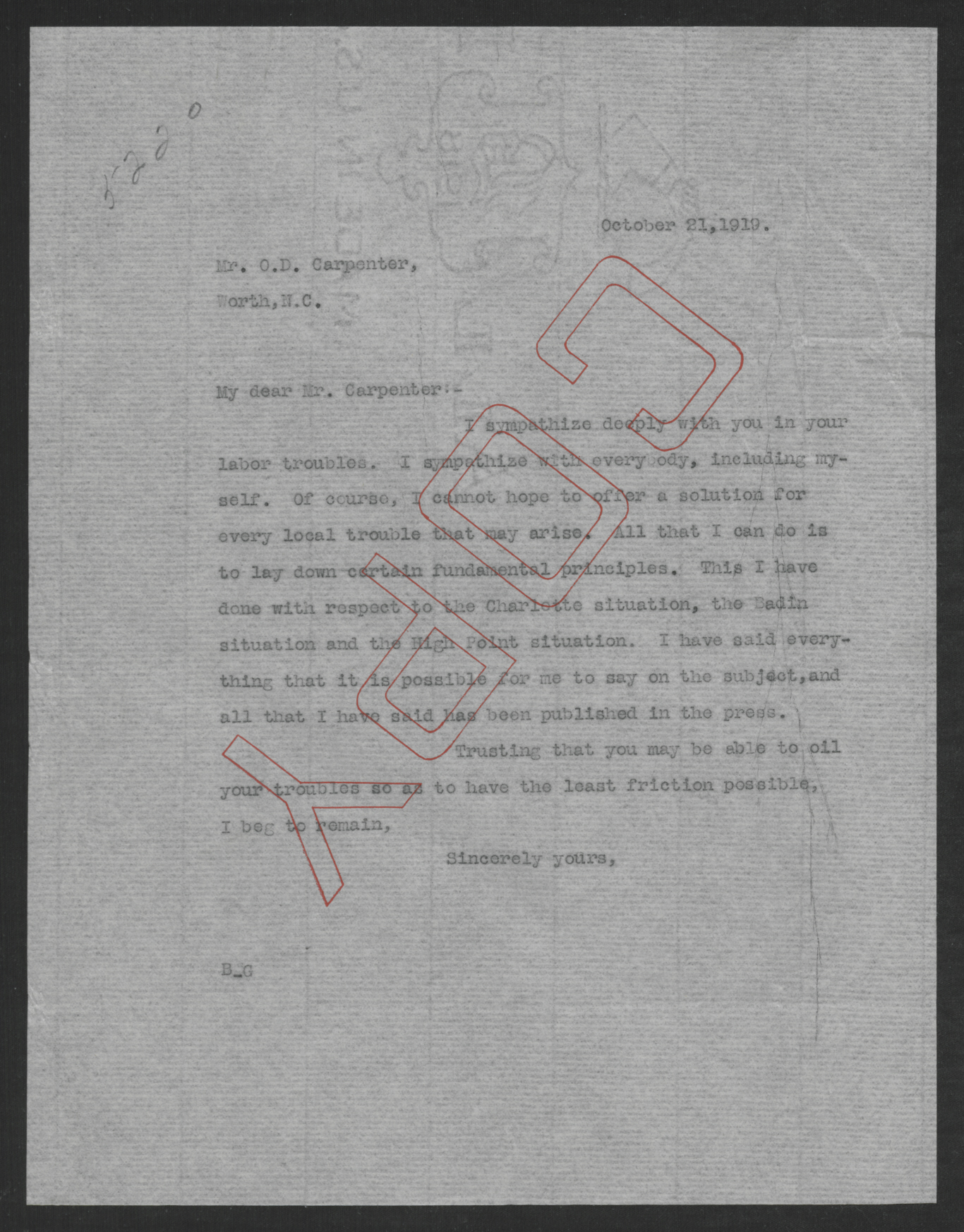 Letter from Thomas W. Bickett to Oscar D. Carpenter, October 21, 1919