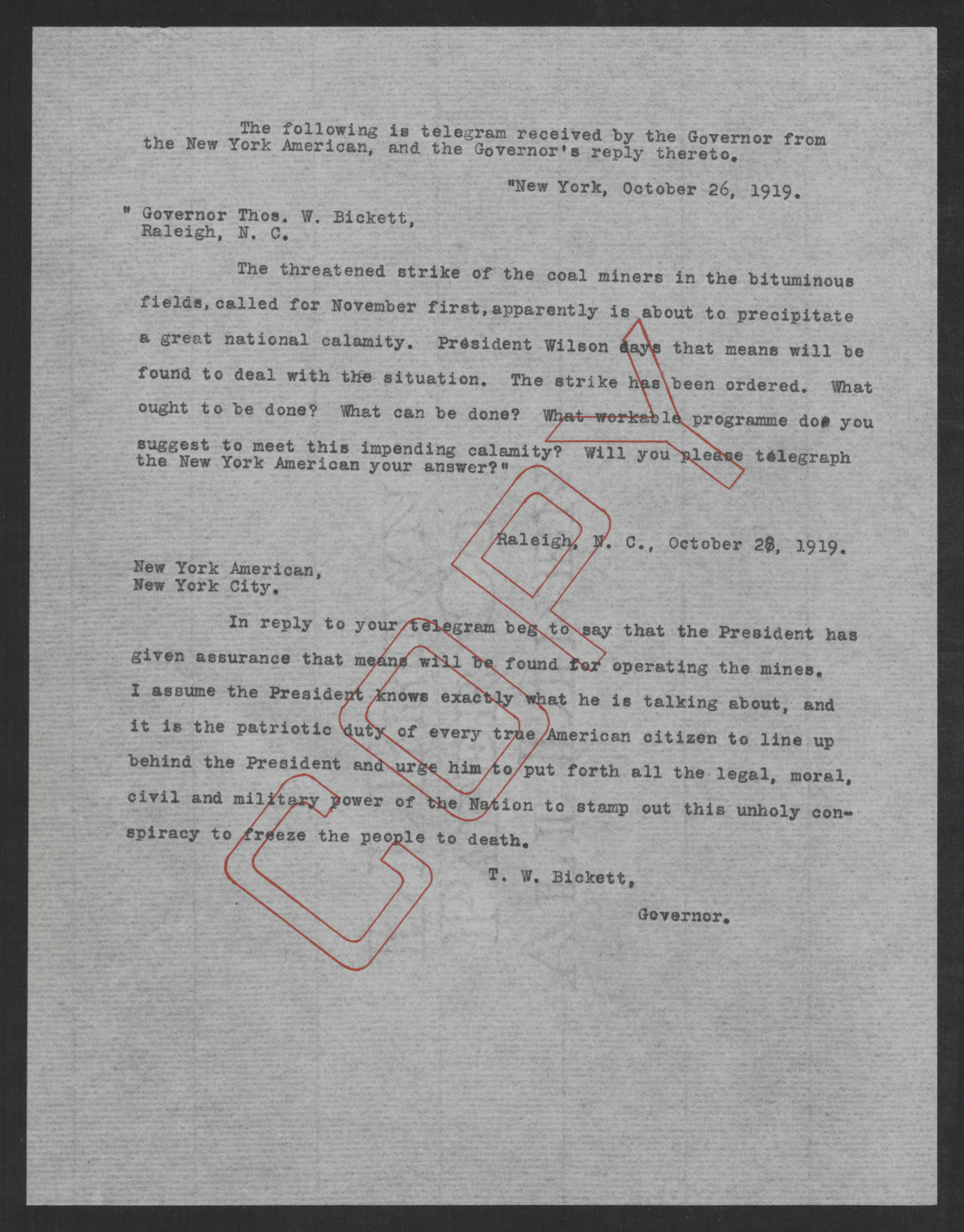 Telegrams between Thomas W. Bickett and the New York American, October 26-28, 1919