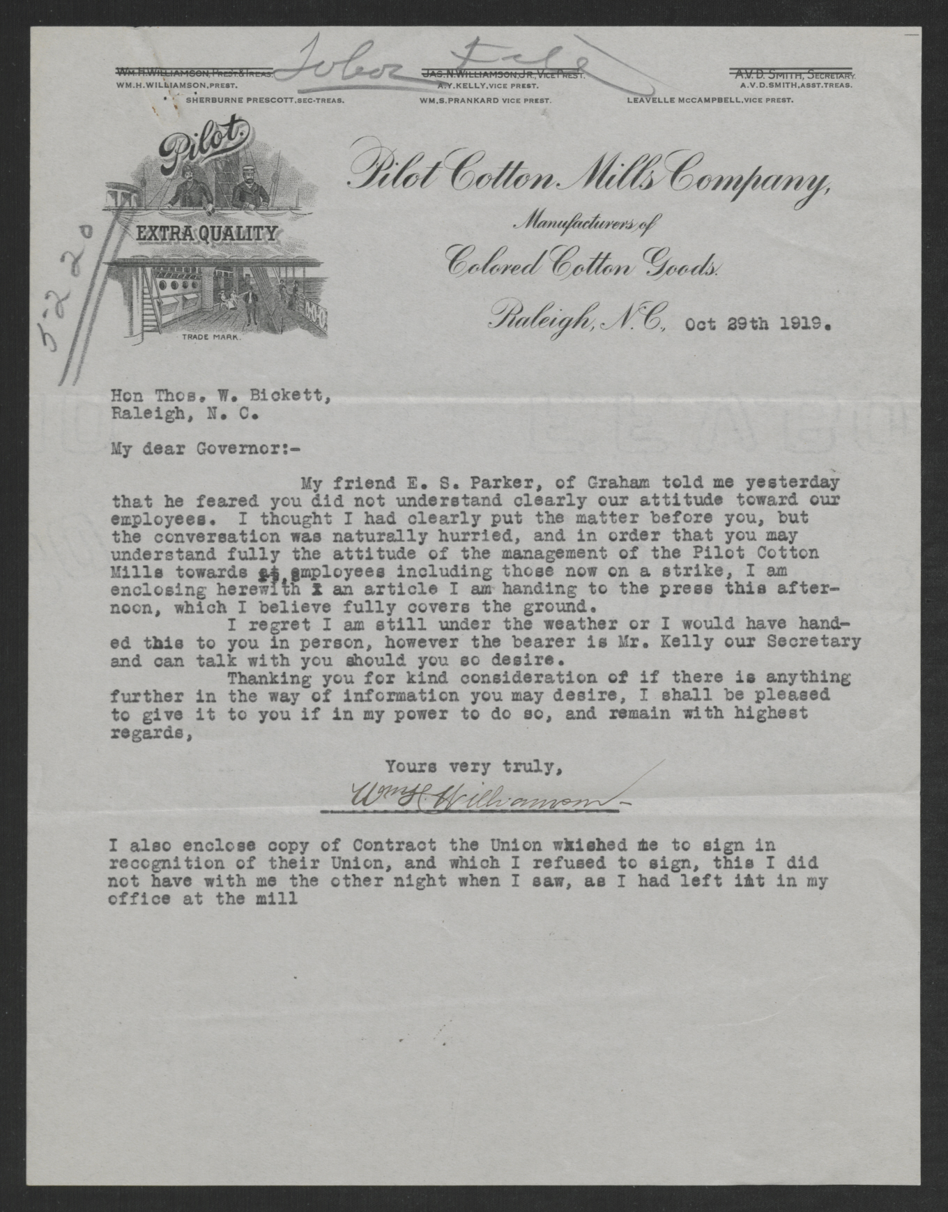 Letter from William H. Williamson to Thomas W. Bickett, October 29, 1919