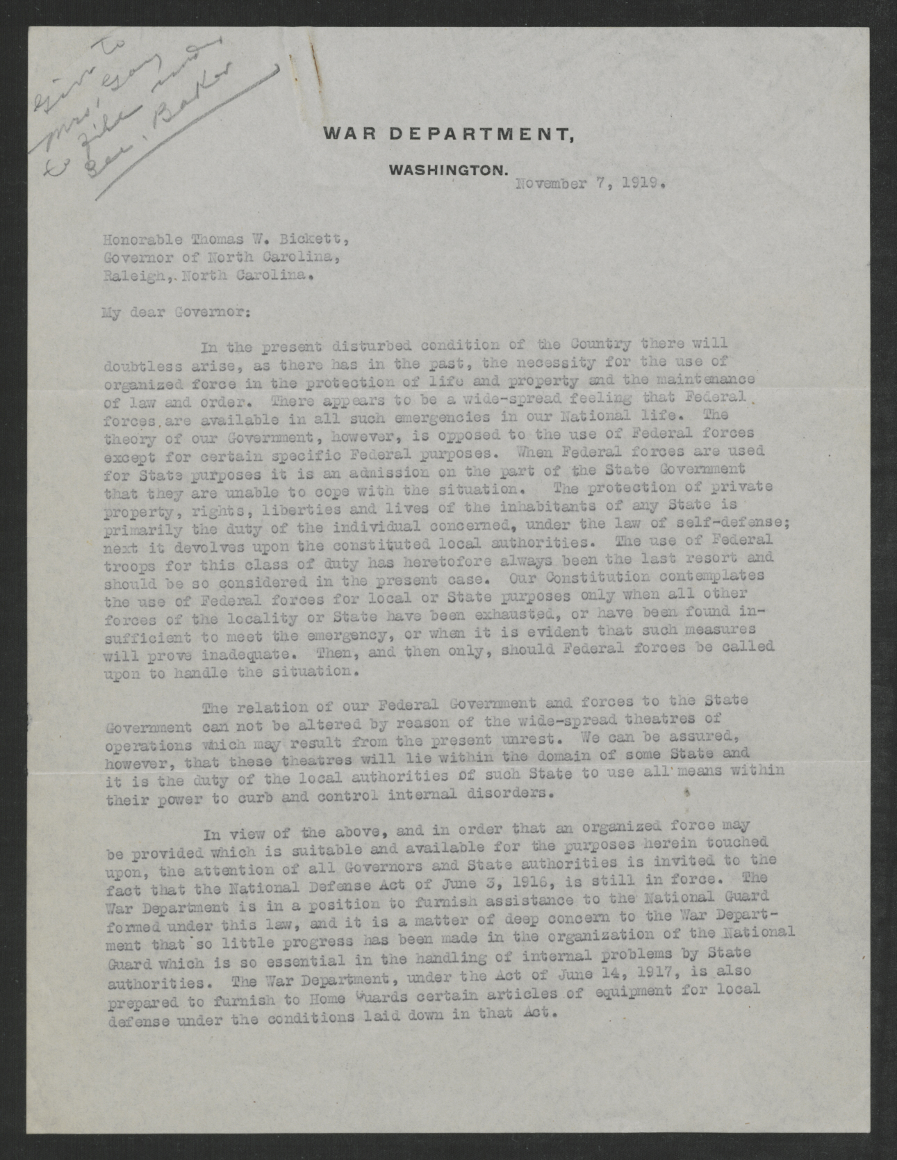 Letter from Newton D. Baker to Thomas W. Bickett, November 7, 1919, page 1